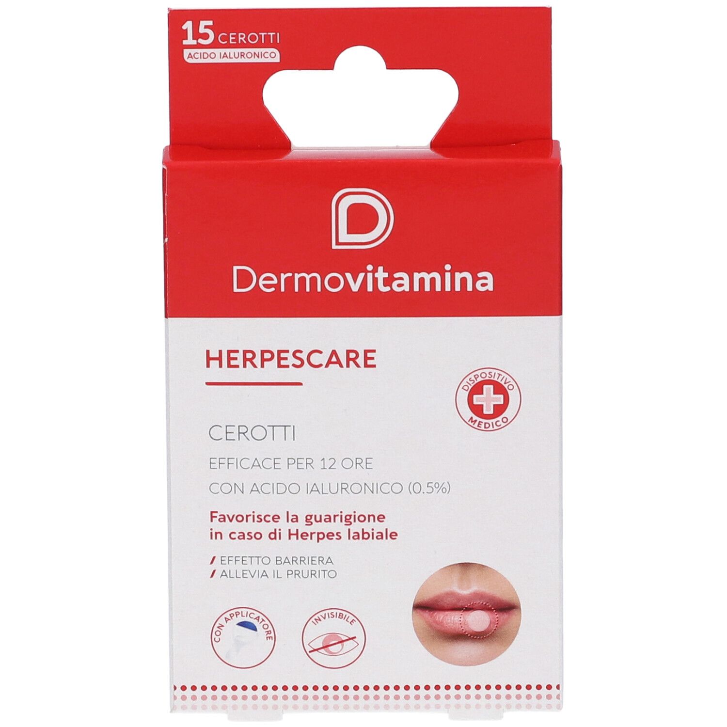 Confezione Dermovitamina Herpescare Cerotti. Scatola rossa e bianca con informazioni e immagine labbra.
