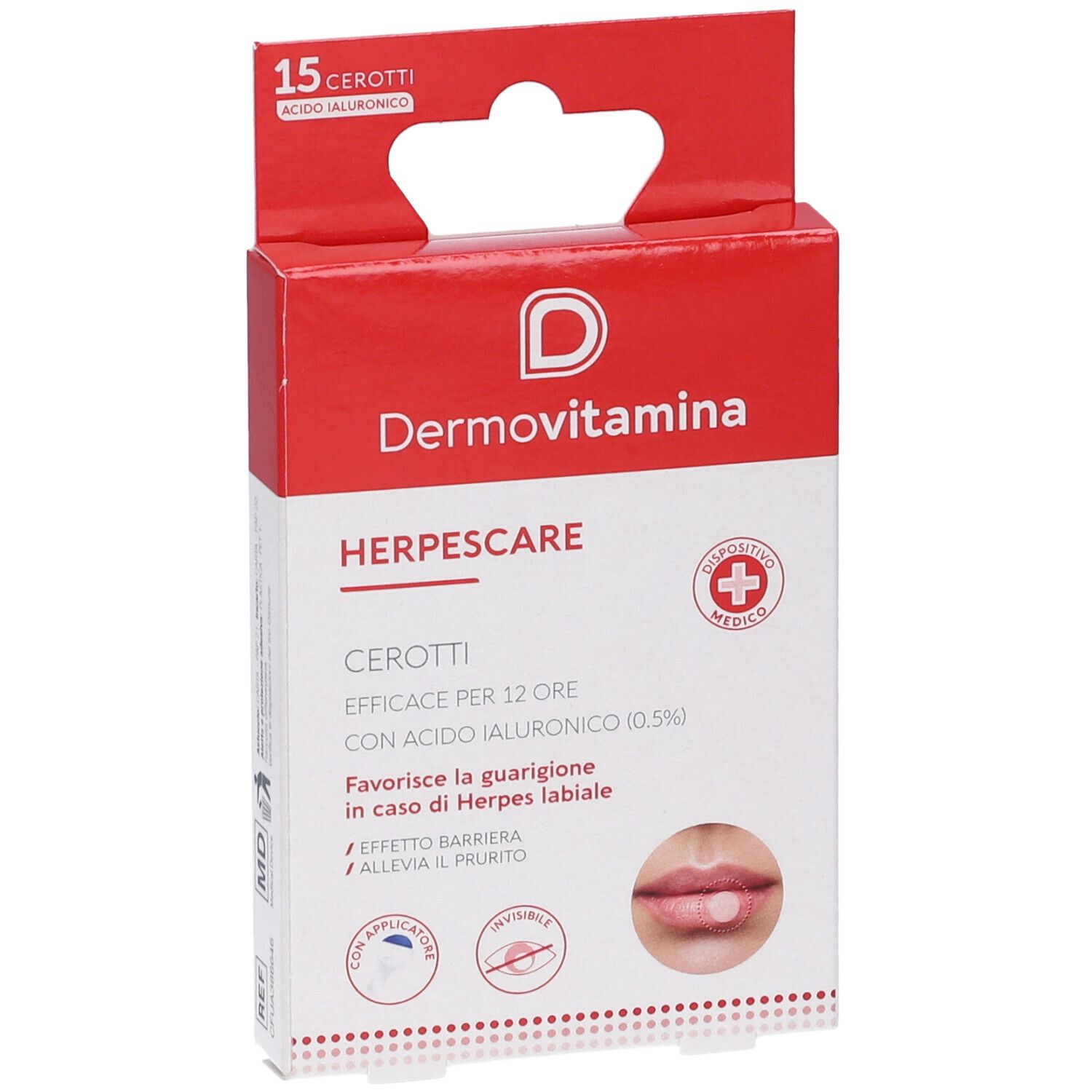 Confezione Dermovitamina Herpescare Cerotti. Scatola rossa e bianca con informazioni e immagine labbra.