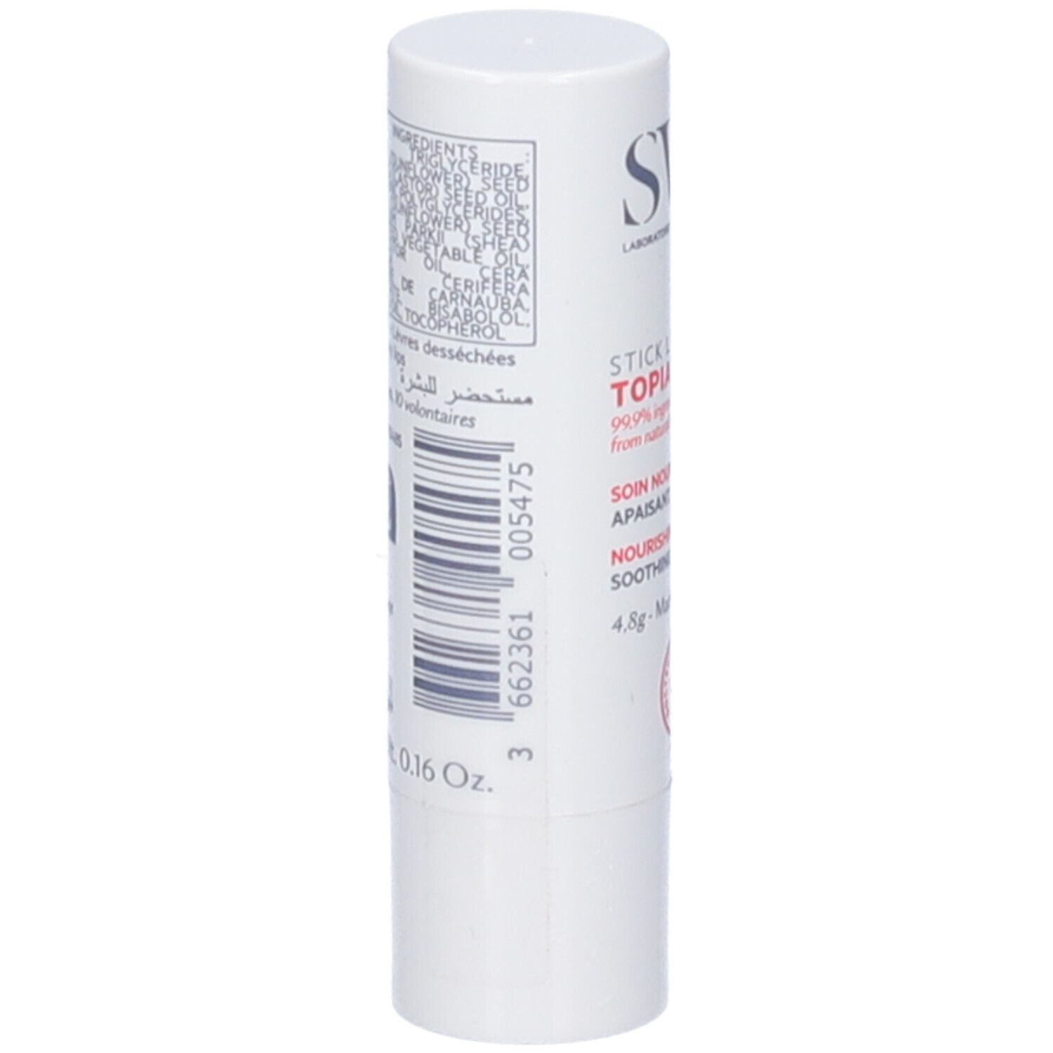 Stick labbra bianco, vista laterale. Codice a barre e ingredienti. Testo: STICK LEVRES TOPIALYSE, 4.8g, 0.16 Oz.