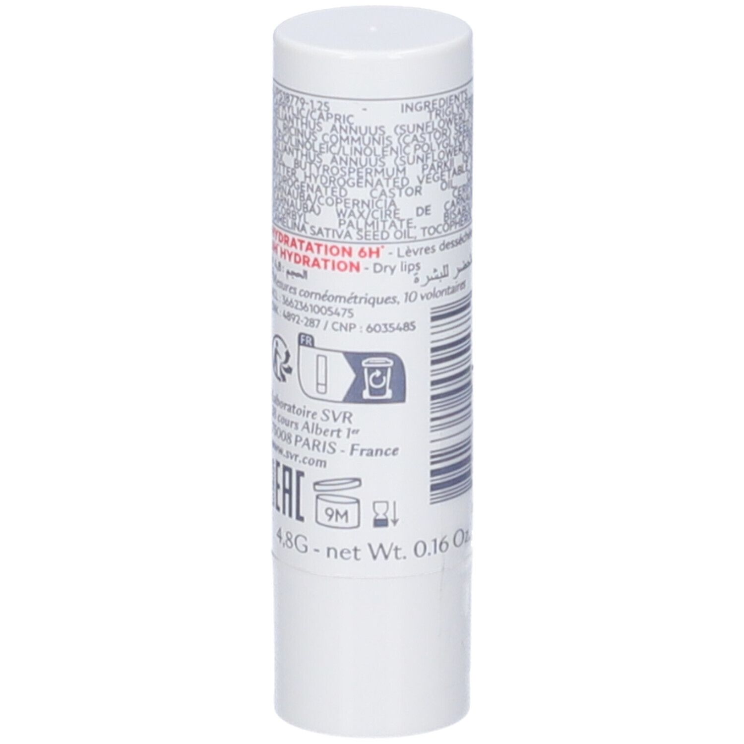 Stick labbra bianco, retro. Ingredienti e informazioni. Testo: 4.8G - net Wt. 0.16 Oz. 9M.