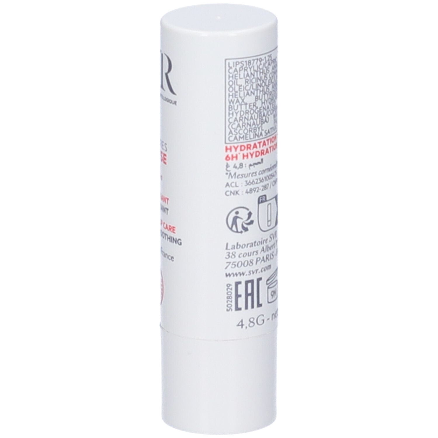 Stick labbra bianco, vista laterale. Ingredienti e informazioni. Testo: 4.8G - net Wt. 0.16 Oz. 9M.