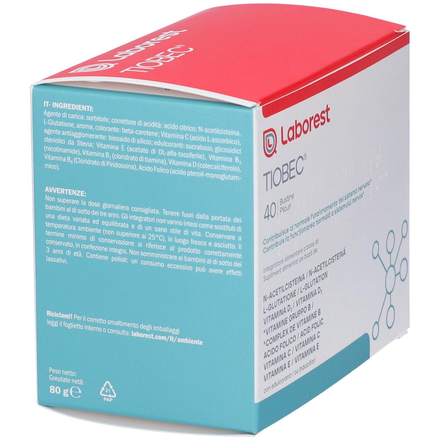 Retro della scatola con ingredienti e informazioni. Contiene N-acetilcisteina, L-glutatione, vitamine e altri ingredienti.