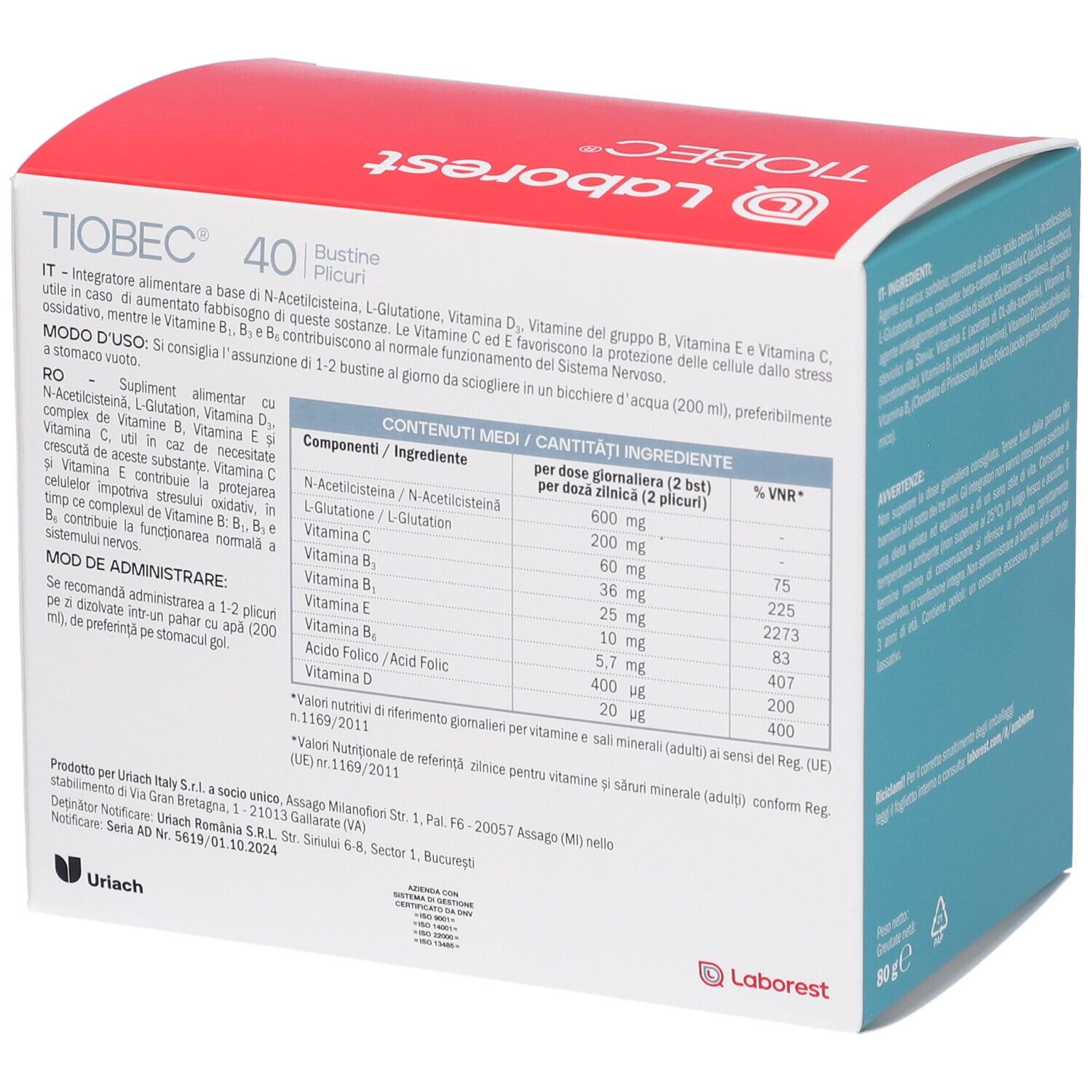 Retro della scatola con tabella degli ingredienti. Contiene N-acetilcisteina, L-glutatione, vitamine e informazioni nutrizionali.