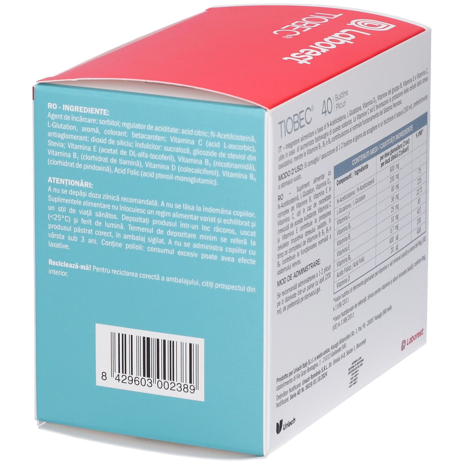 Scatola con codice a barre e ingredienti. Contiene N-acetilcisteina, L-glutatione, vitamine e altri ingredienti.