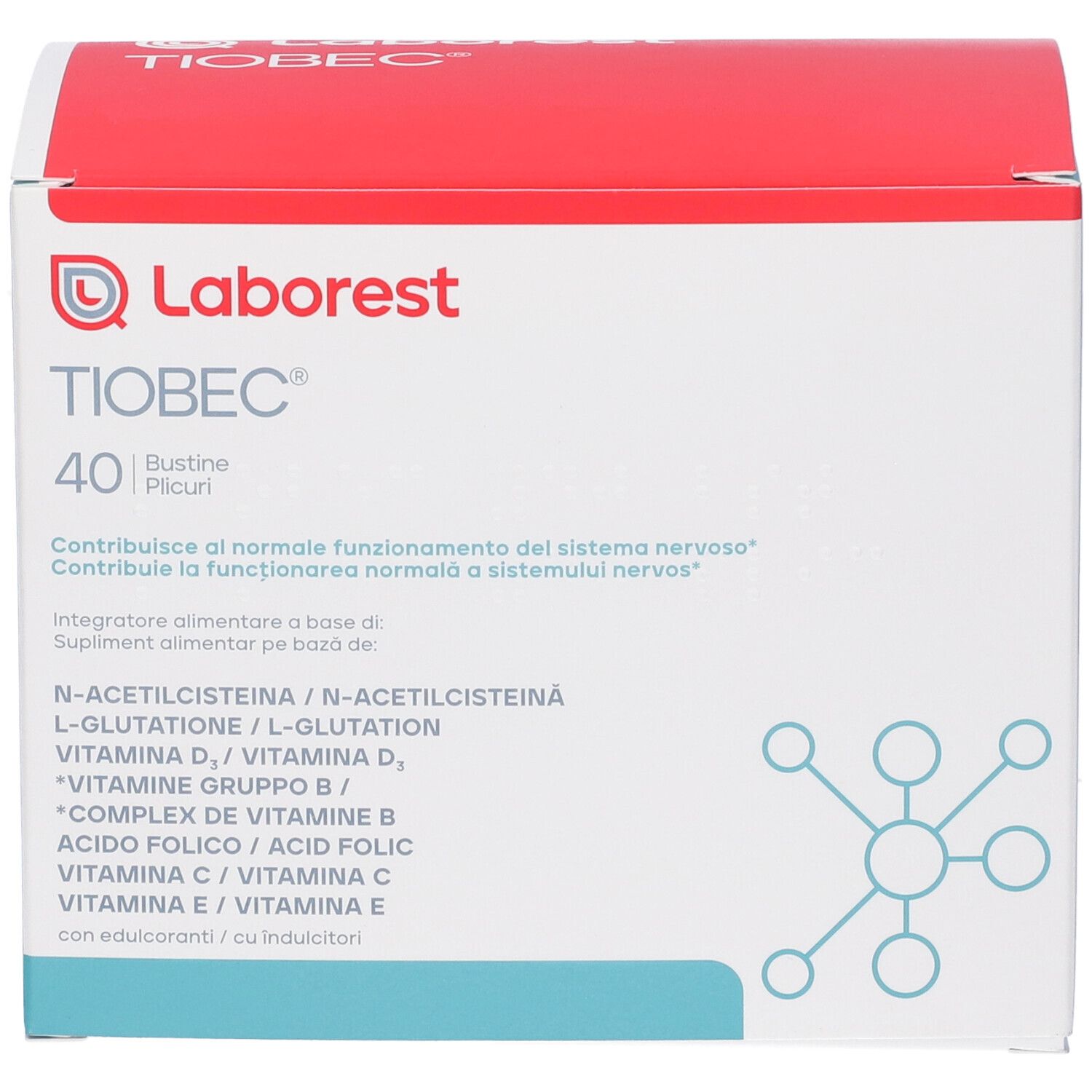 Fronte della scatola con coperchio rosso. Scritte: Laborest, Tiobec 40 Bustine. Contiene N-acetilcisteina e vitamine.