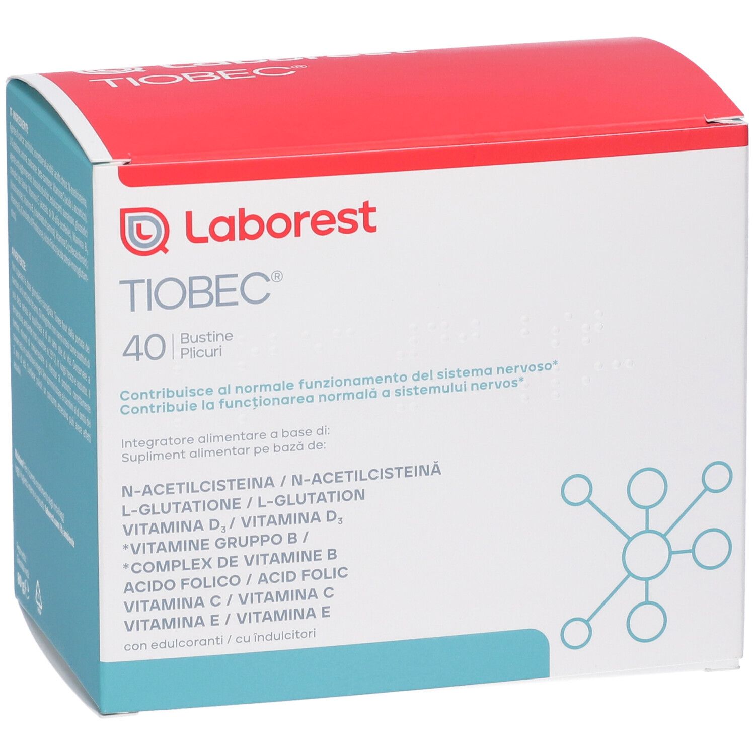 Fronte della scatola con coperchio rosso. Scritte: Laborest, Tiobec 40 Bustine. Contiene N-acetilcisteina e vitamine.