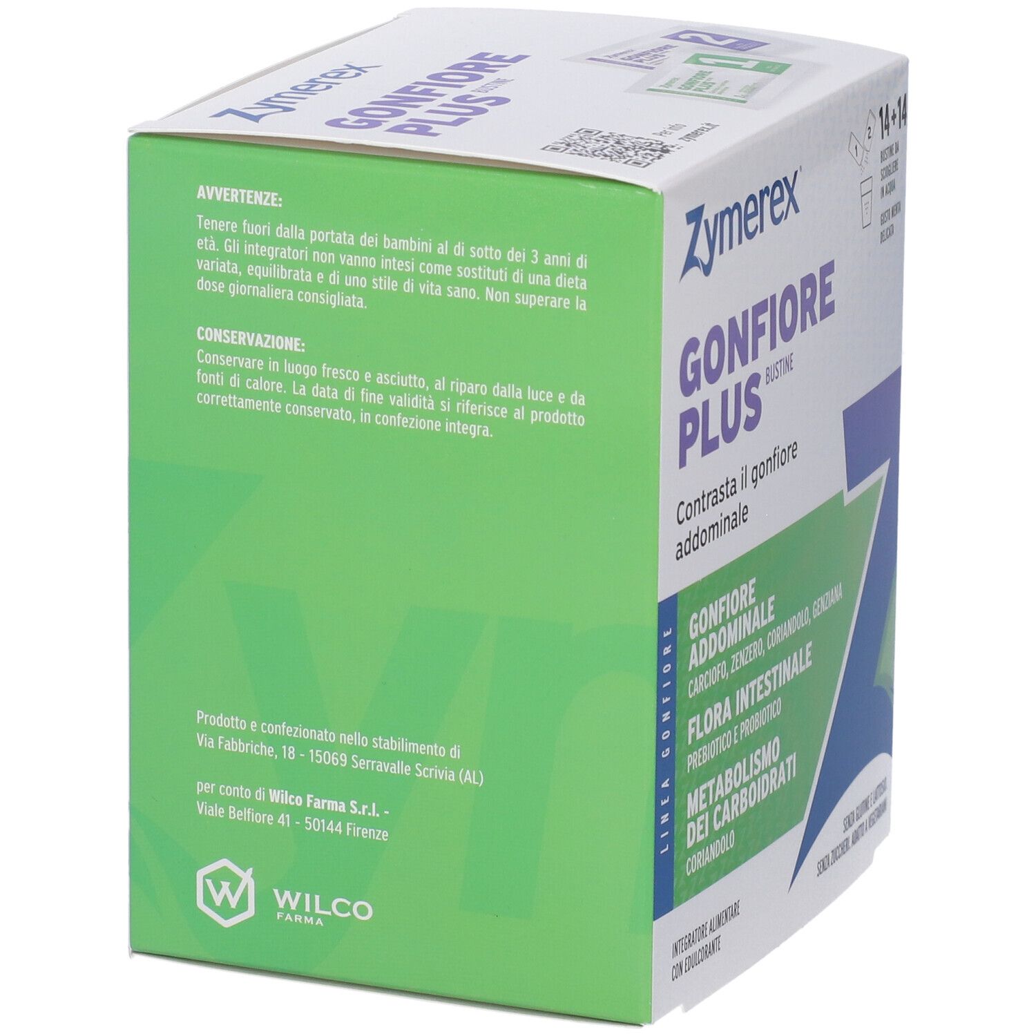 Scatola Zymerex Gonfiore Plus Bustine, vista laterale. Contiene Gonfiore Addominale, Flora Intestinale, Metabolismo dei Carboidrati. Logo Wilco Farma.
