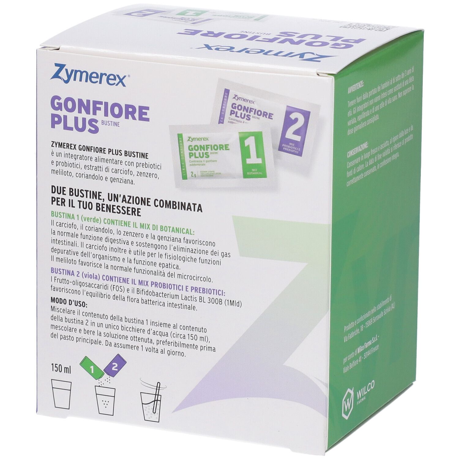 Scatola Zymerex Gonfiore Plus Bustine. Testo: 2 bustine, un'azione combinata. Contiene 2 bustine con ingredienti e istruzioni.