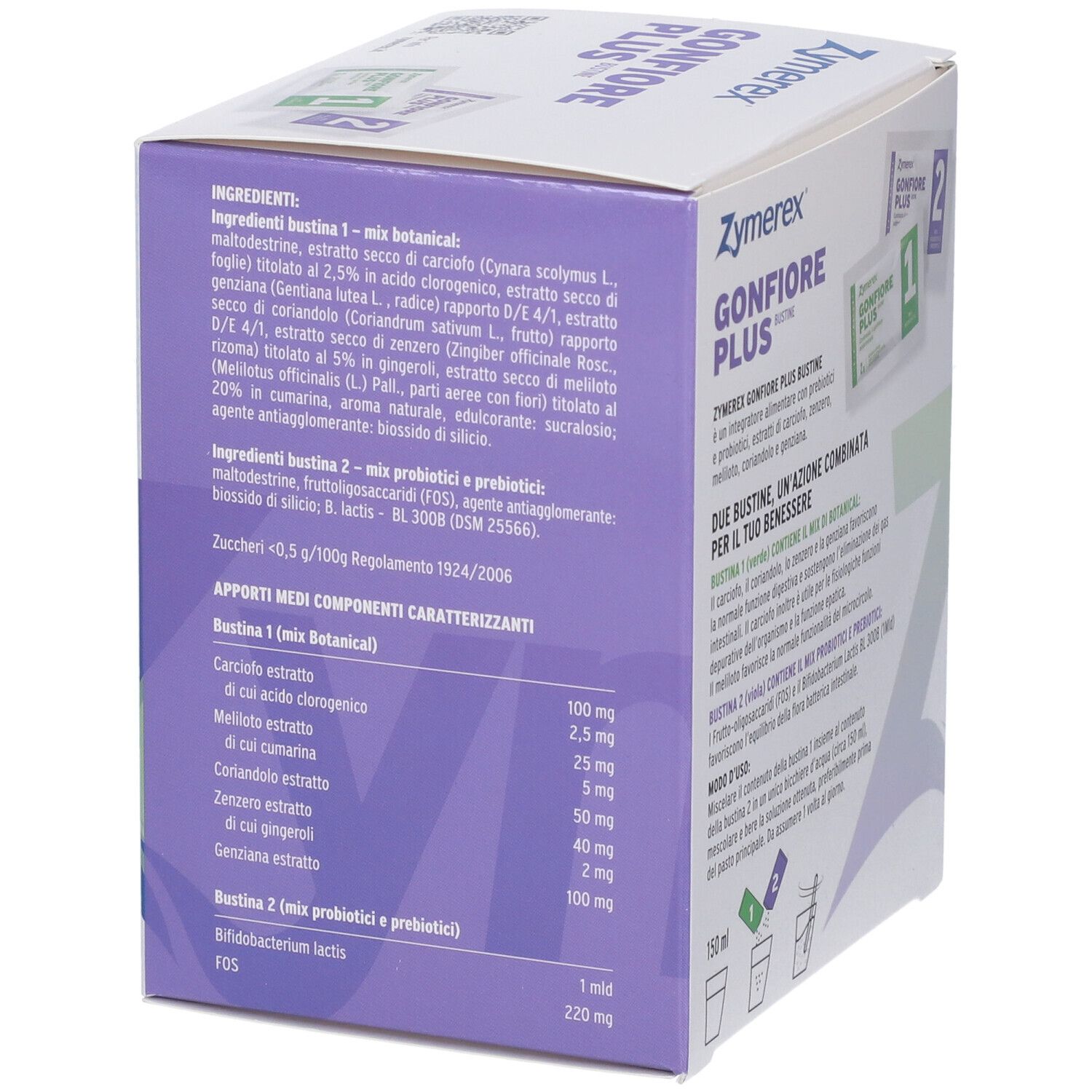 Scatola Zymerex Gonfiore Plus Bustine. Testo: Ingredienti, tabella nutrizionale. Contiene 2 bustine con ingredienti.