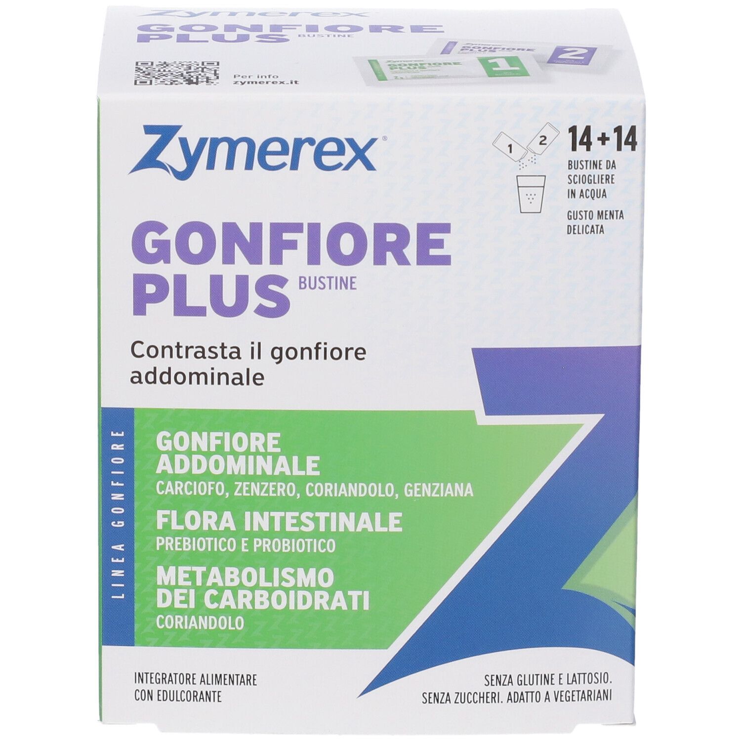 Scatola Zymerex Gonfiore Plus Bustine. Contiene Gonfiore Addominale, Flora Intestinale, Metabolismo dei Carboidrati. 14+14 bustine.