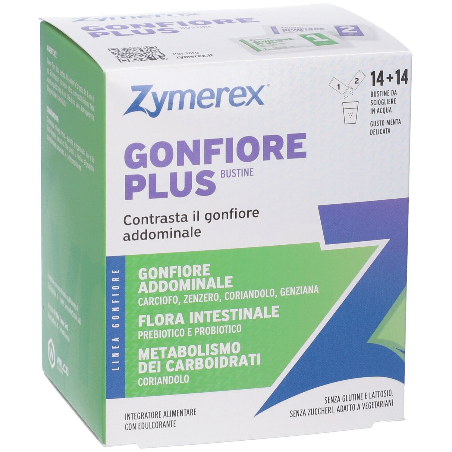 Scatola Zymerex Gonfiore Plus Bustine. Contiene Gonfiore Addominale, Flora Intestinale, Metabolismo dei Carboidrati. 14+14 bustine.