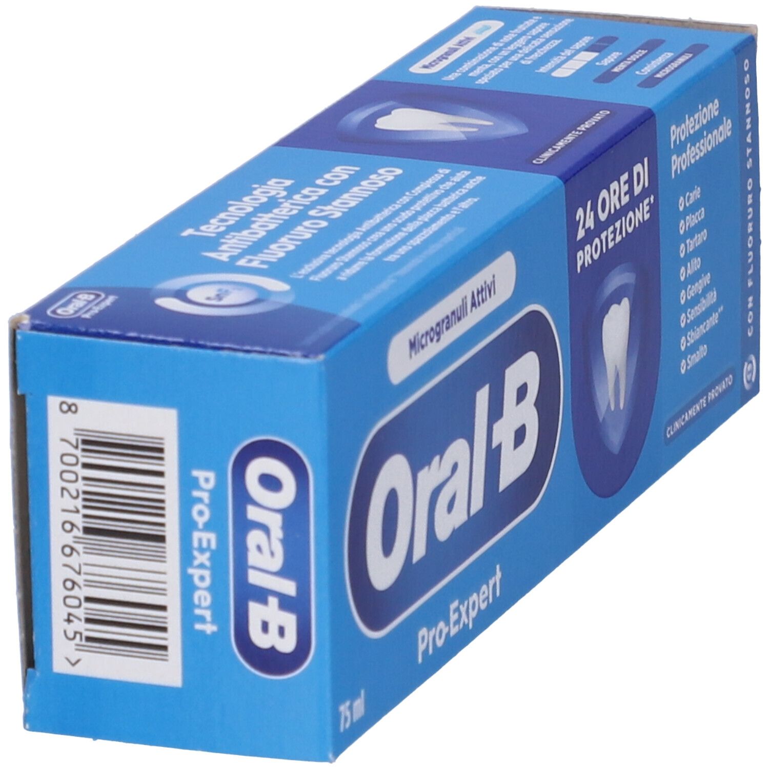 Confezione blu inclinata di dentifricio Oral-B Pro-Expert. Contiene Microgranuli Attivi e protezione 24 ore. Con codice a barre.