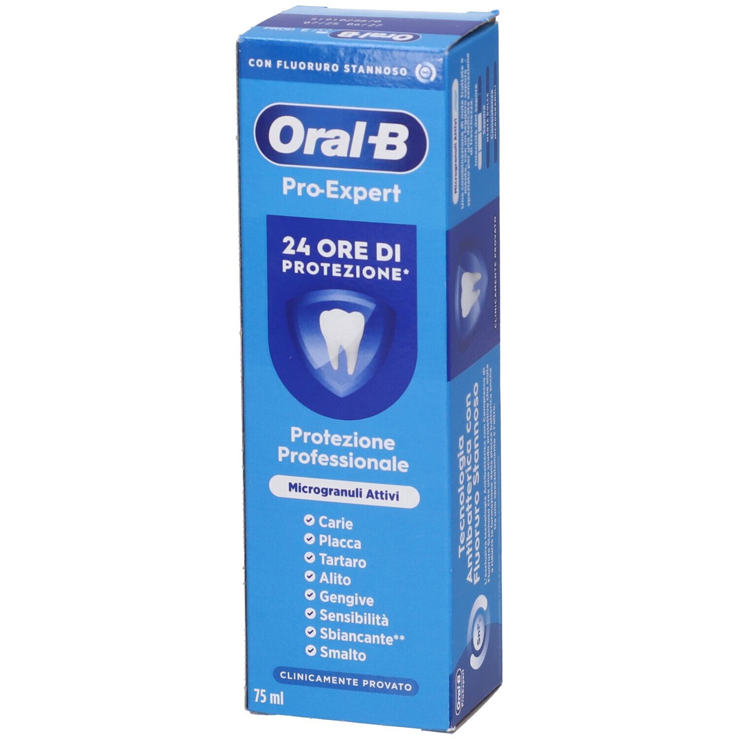 Confezione blu di dentifricio Oral-B Pro-Expert. Contiene Microgranuli Attivi e protezione 24 ore. Protezione professionale.