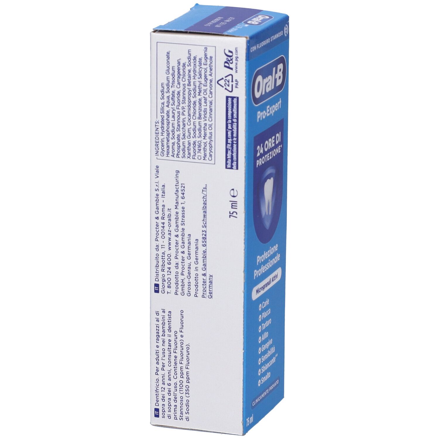 Confezione blu di dentifricio Oral-B Pro-Expert. Retro con ingredienti e informazioni del produttore. 75 ml.