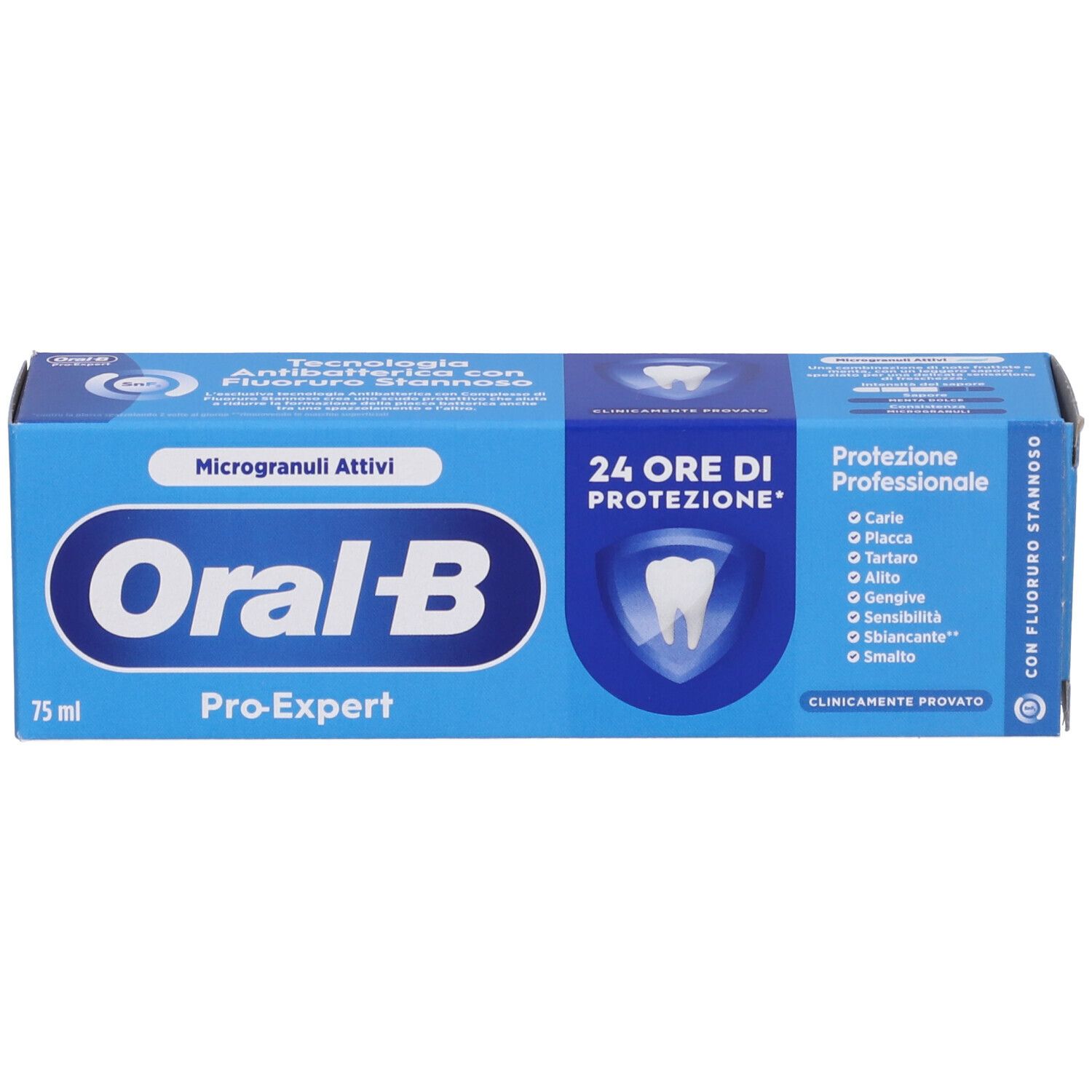 Confezione blu di dentifricio Oral-B Pro-Expert. Contiene Microgranuli Attivi e protezione 24 ore. Protezione professionale.