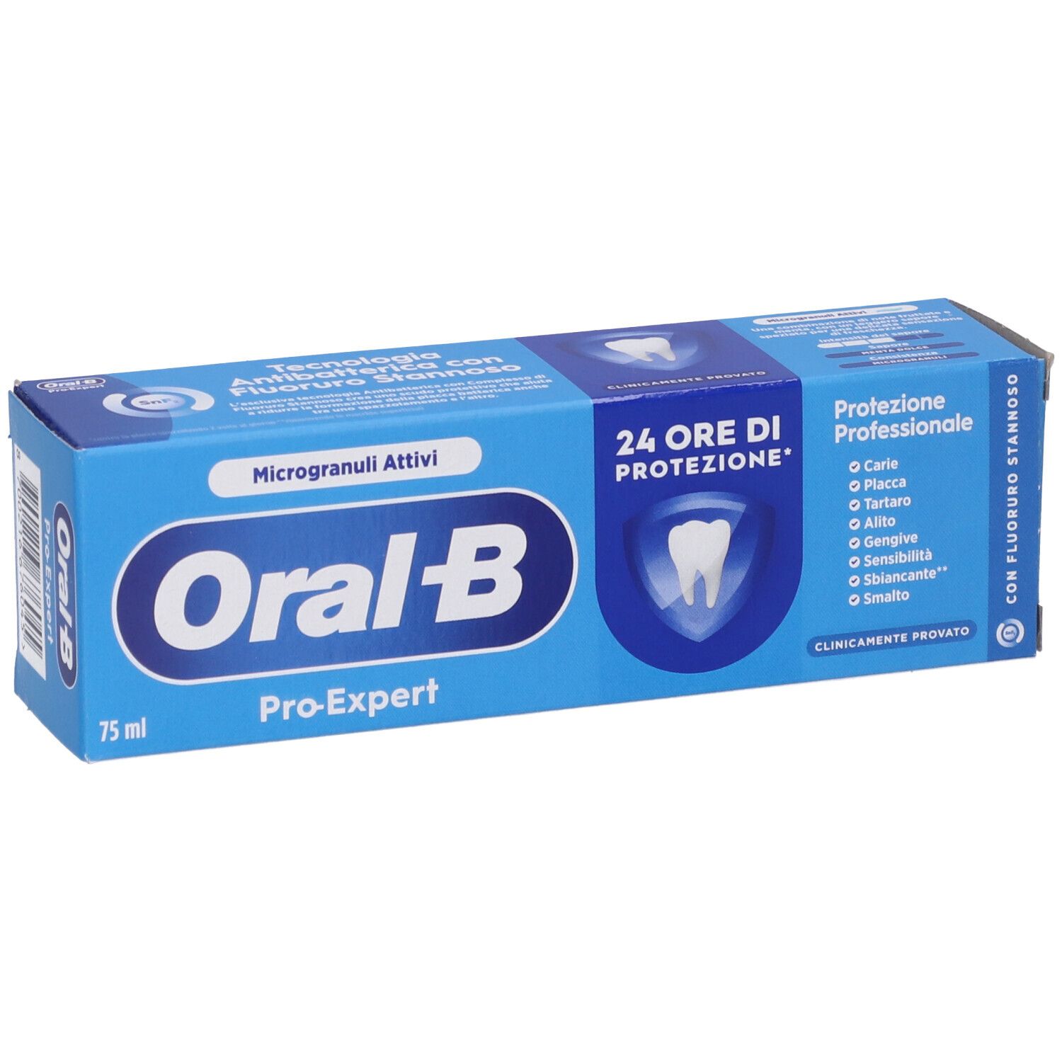 Confezione blu di dentifricio Oral-B Pro-Expert. Contiene Microgranuli Attivi e protezione 24 ore. Protezione professionale.