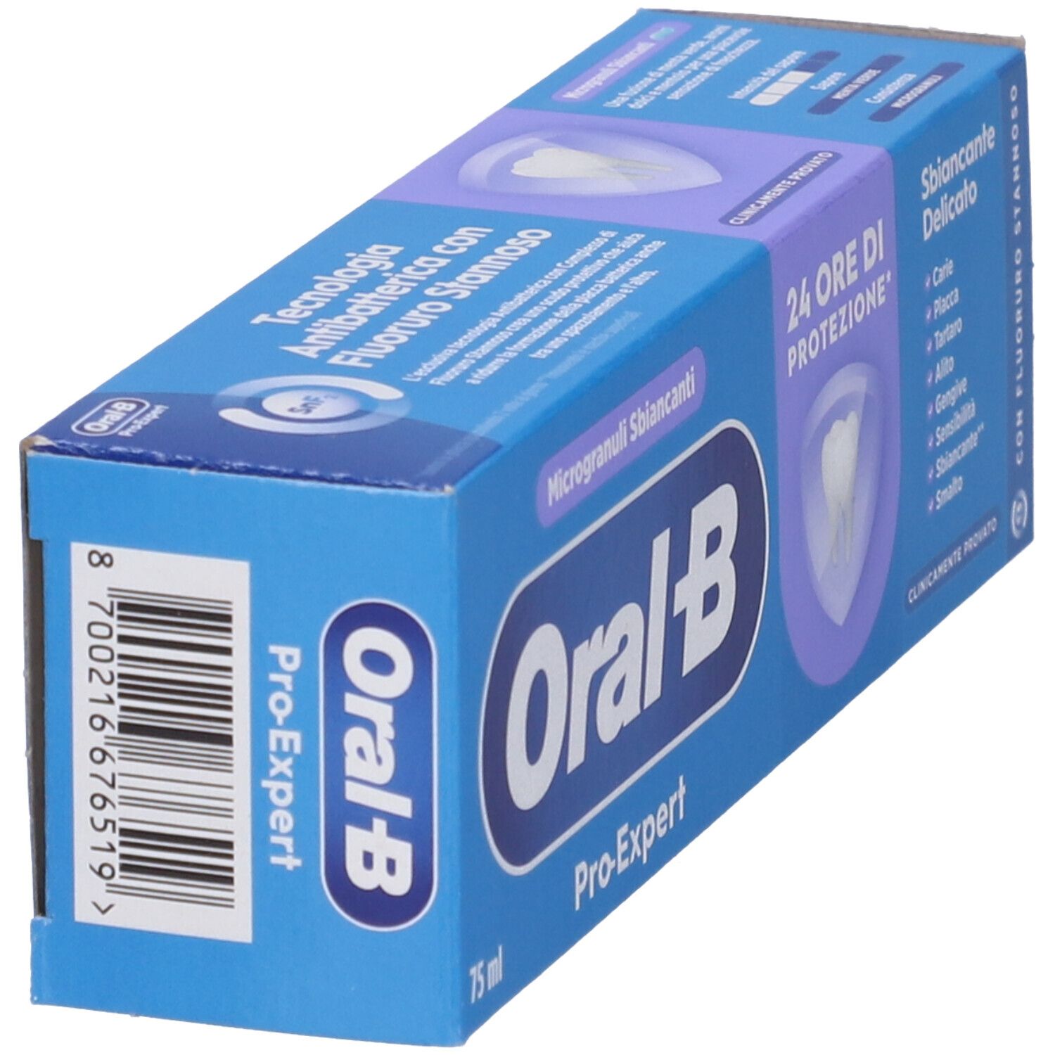 Scatola blu di dentifricio Oral-B Pro-Expert, 75 ml. Scritto: Sbiancante Delicato, 24 ore di protezione. Contiene fluoro.