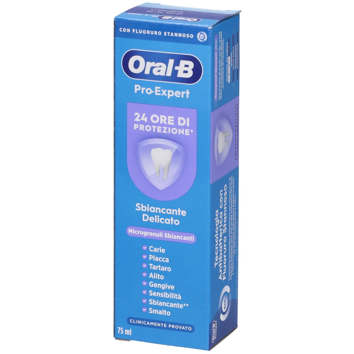 Scatola blu di dentifricio Oral-B Pro-Expert, 75 ml. Scritto: Sbiancante Delicato, 24 ore di protezione. Contiene fluoro.