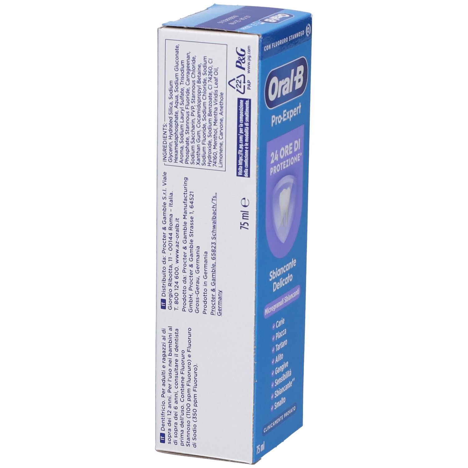 Scatola blu di dentifricio Oral-B Pro-Expert, 75 ml. Scritto: Sbiancante Delicato, 24 ore di protezione. Contiene fluoro.