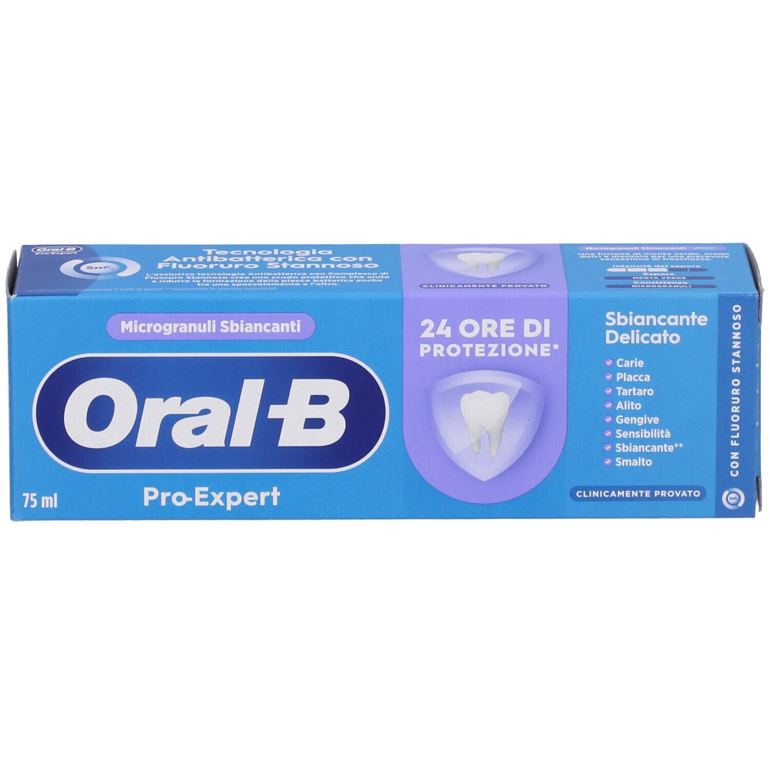 Scatola blu di dentifricio Oral-B Pro-Expert, 75 ml. Scritto: Sbiancante Delicato, 24 ore di protezione. Contiene fluoro.