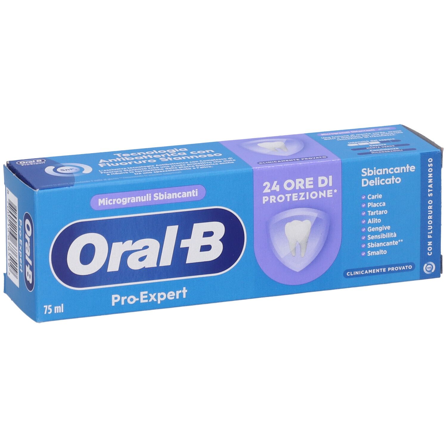 Scatola blu di dentifricio Oral-B Pro-Expert, 75 ml. Scritto: Sbiancante Delicato, 24 ore di protezione. Contiene fluoro.