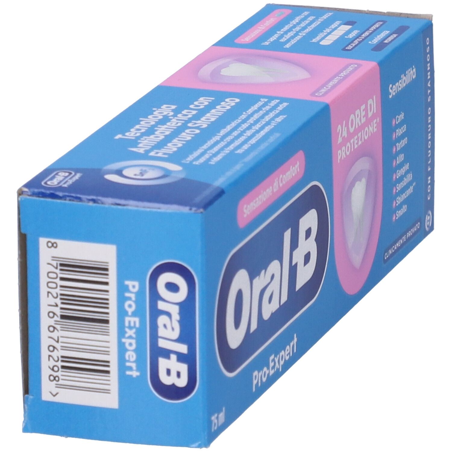 Scatola Oral-B Pro-Expert Sensibilità Dentifricio, blu e bianca. Scritto: 24 ore di protezione, Sensibilità, codice a barre.