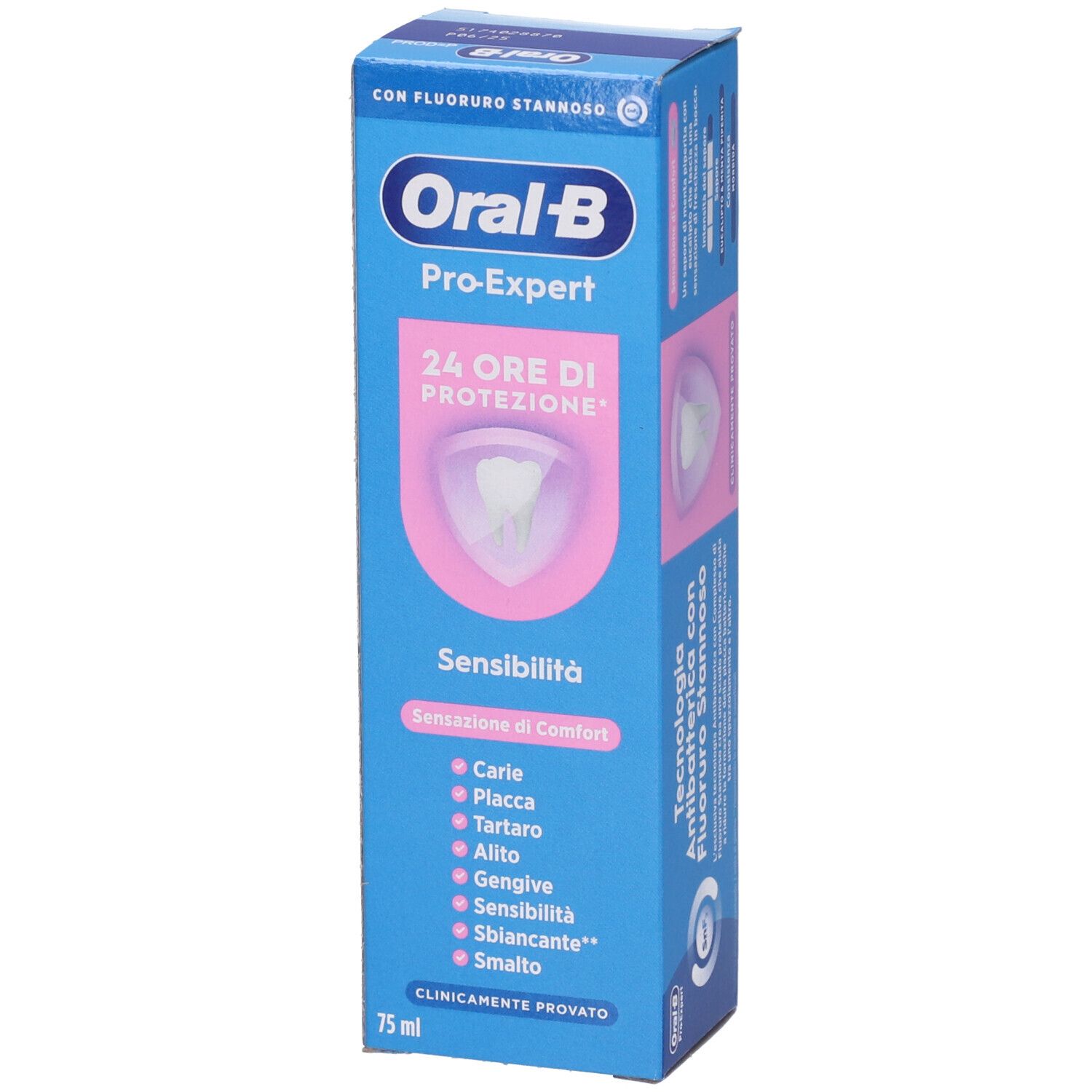 Scatola blu Oral-B Pro-Expert Sensibilità Dentifricio. Scritto: 24 ore di protezione, Sensibilità, 75 ml.