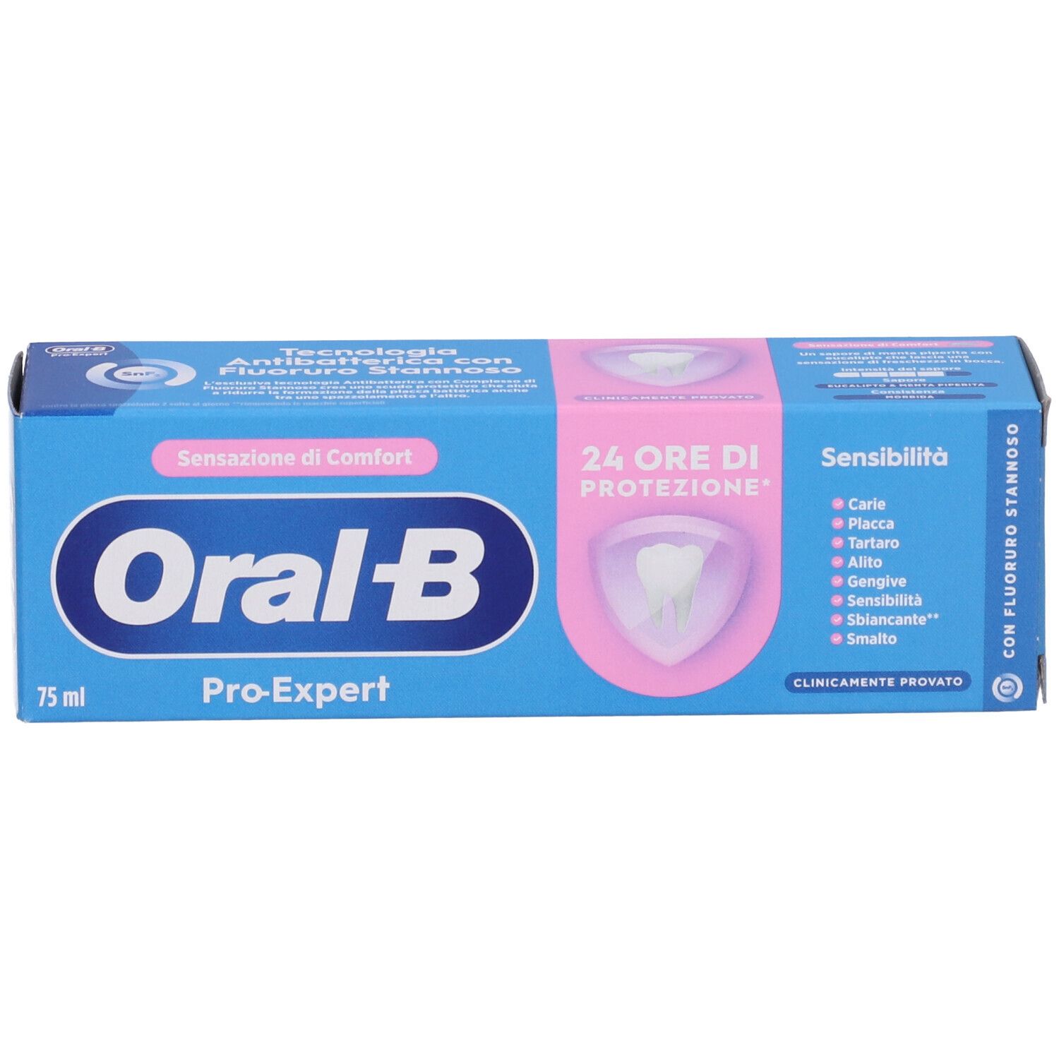 Scatola blu Oral-B Pro-Expert Sensibilità Dentifricio. Scritto: 24 ore di protezione, Sensibilità, 75 ml.