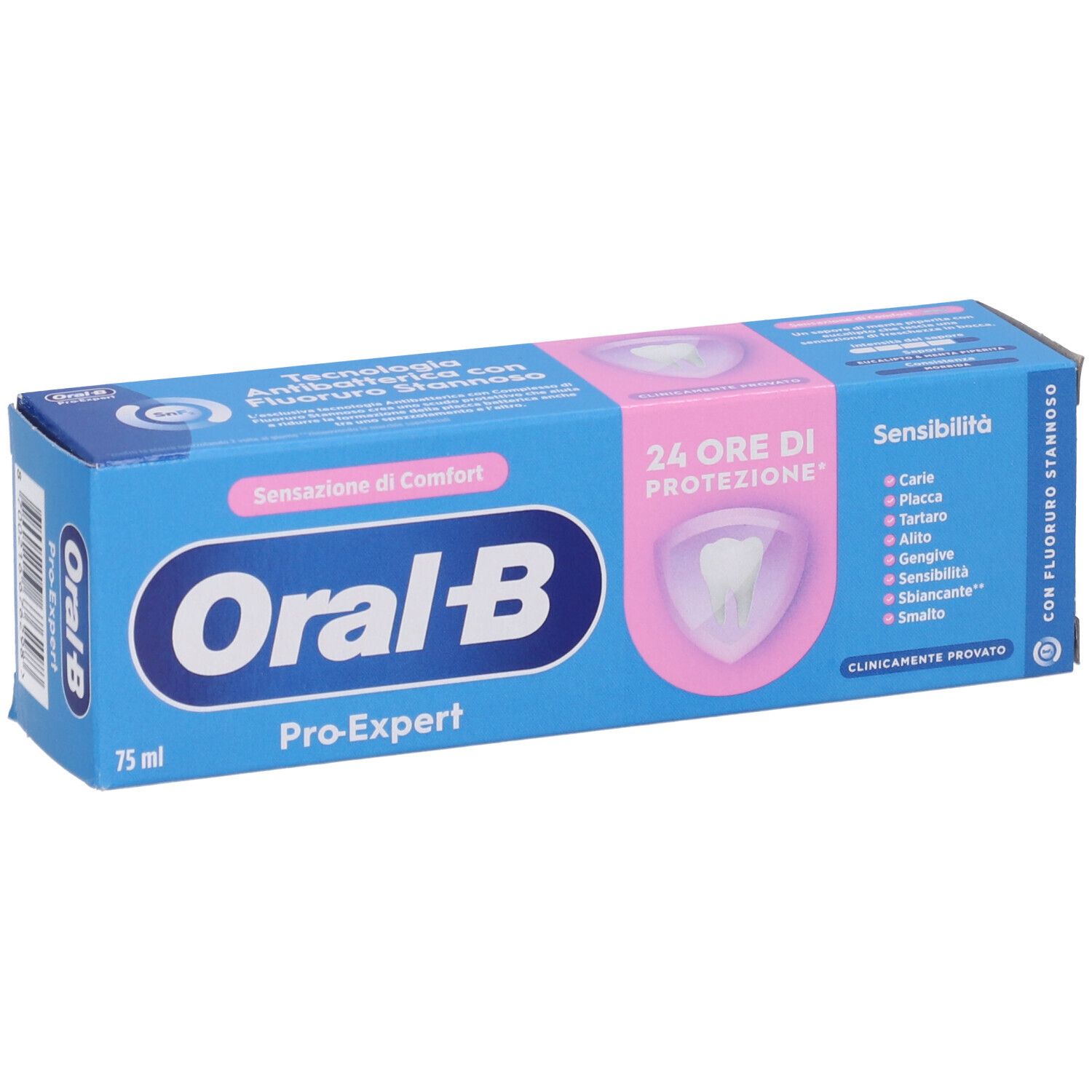 Scatola blu Oral-B Pro-Expert Sensibilità Dentifricio. Scritto: 24 ore di protezione, Sensibilità, 75 ml.