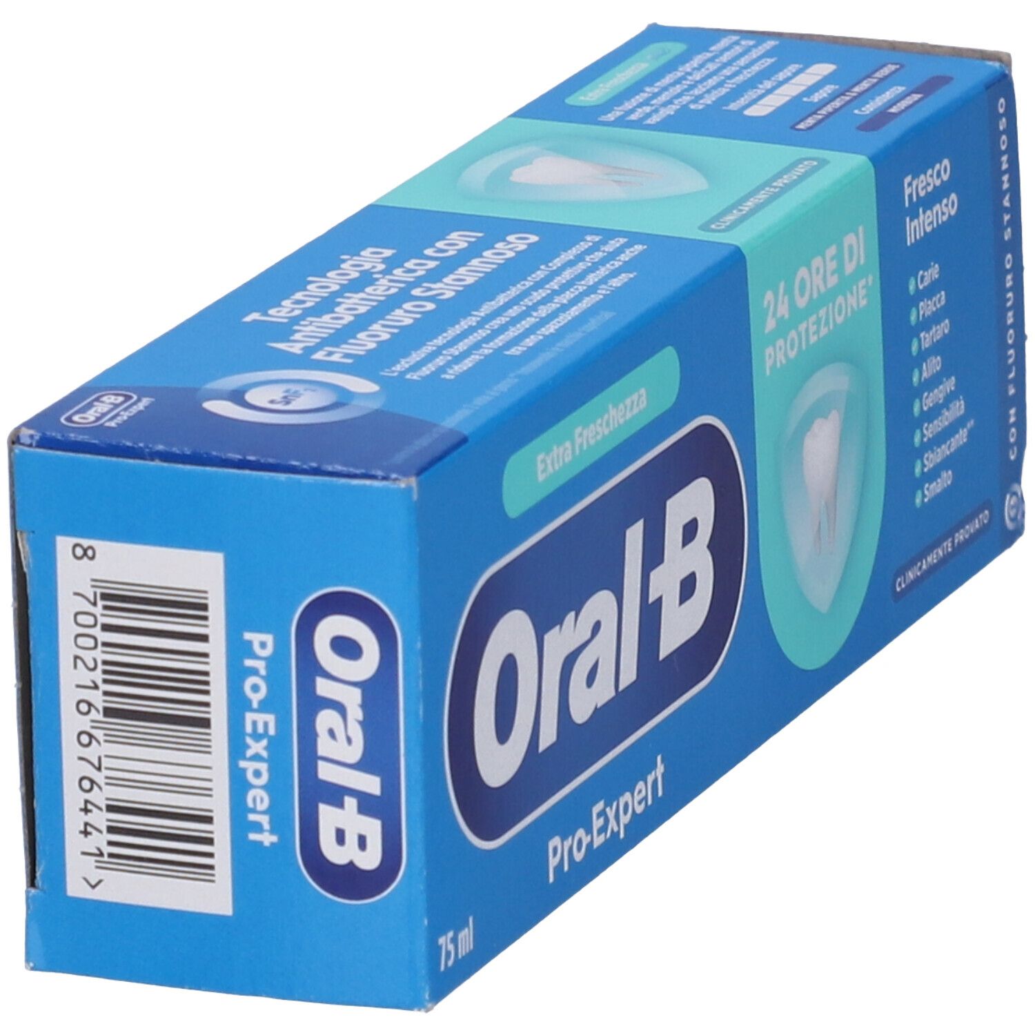 Scatola blu e bianca di dentifricio. Scritta: Oral-B Pro-Expert, Extra Freschezza, 24 ore di protezione. Contiene 75 ml. Codice a barre.