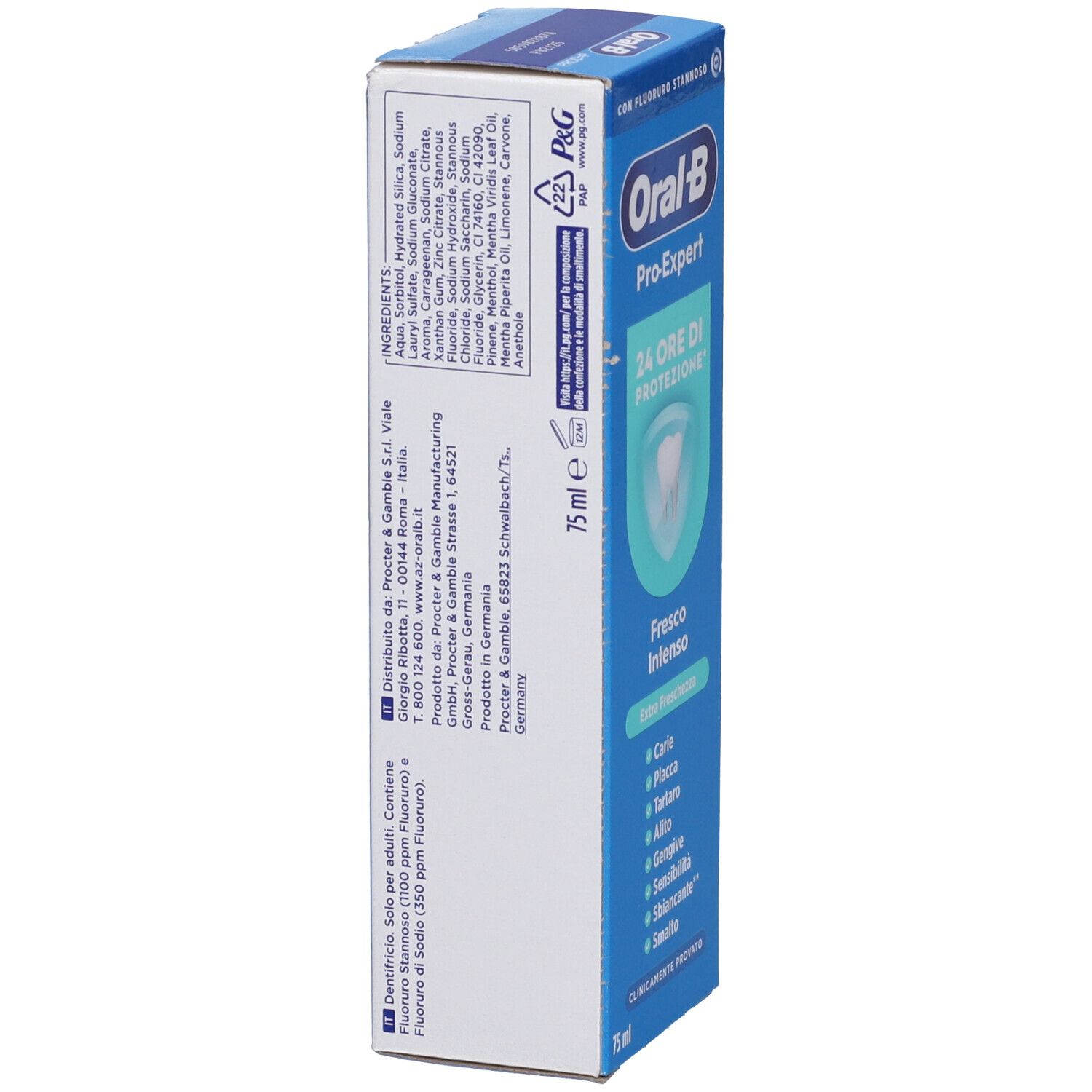 Retro della scatola blu del dentifricio. Contiene ingredienti, informazioni sul produttore e logo Oral-B.