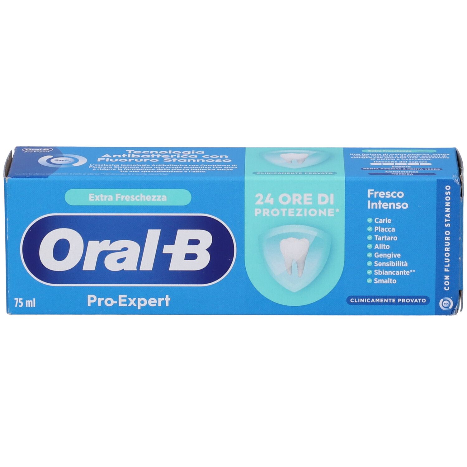 Scatola blu e bianca di dentifricio. Scritta: Oral-B Pro-Expert, Extra Freschezza, 24 ore di protezione. Contiene 75 ml.