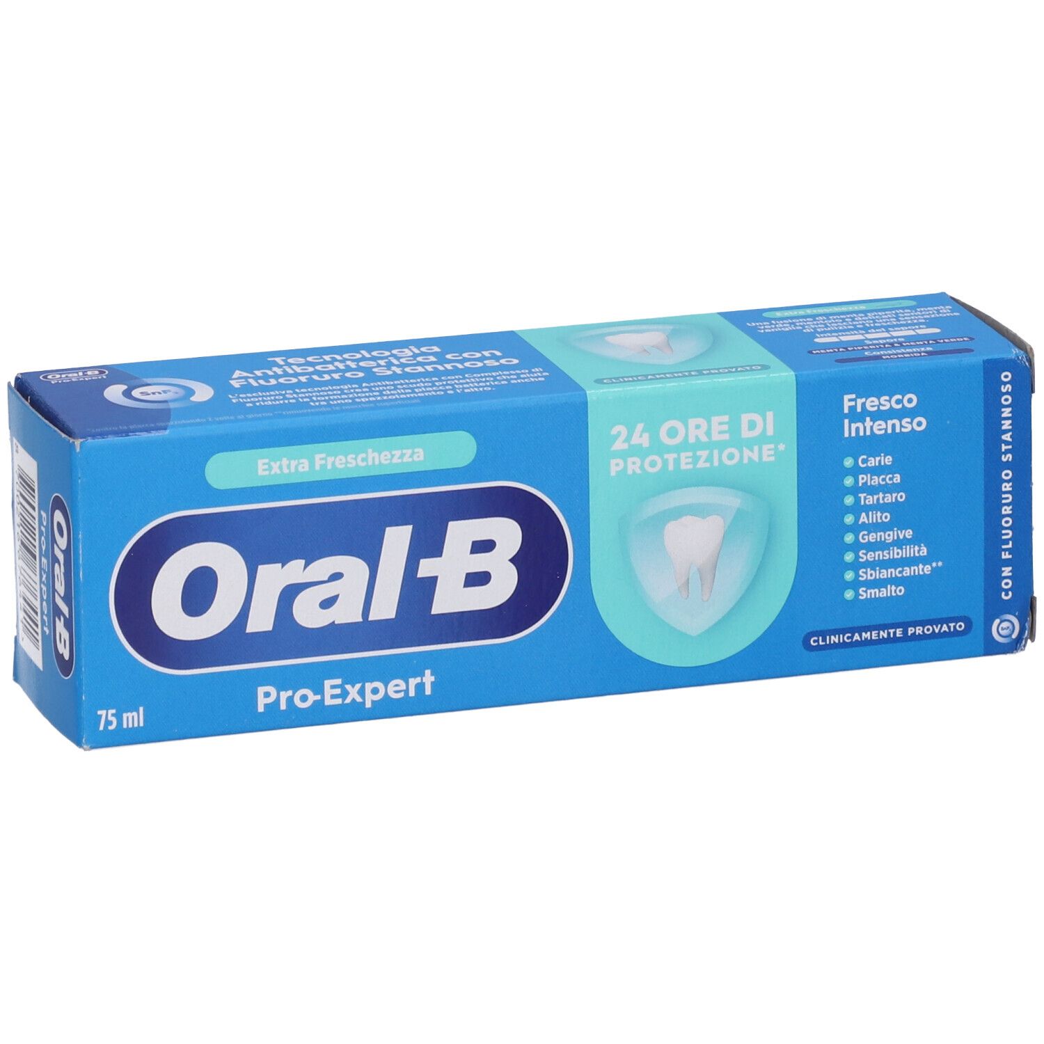 Scatola blu e bianca di dentifricio. Scritta: Oral-B Pro-Expert, Extra Freschezza, 24 ore di protezione. Contiene 75 ml.