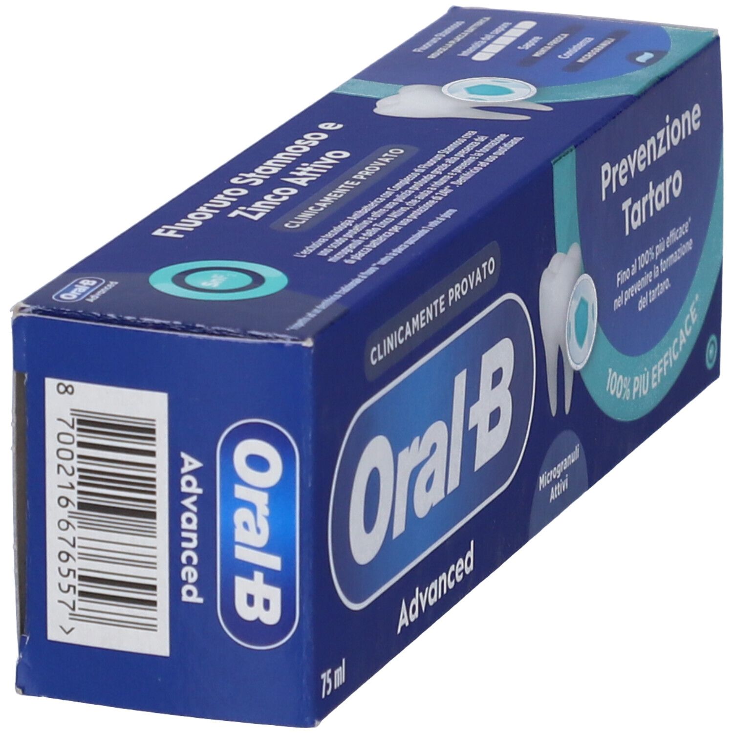Scatola di dentifricio in diagonale. Scritto: Oral-B Advanced, Prevenzione Tartaro, 75 ml. Codice a barre.