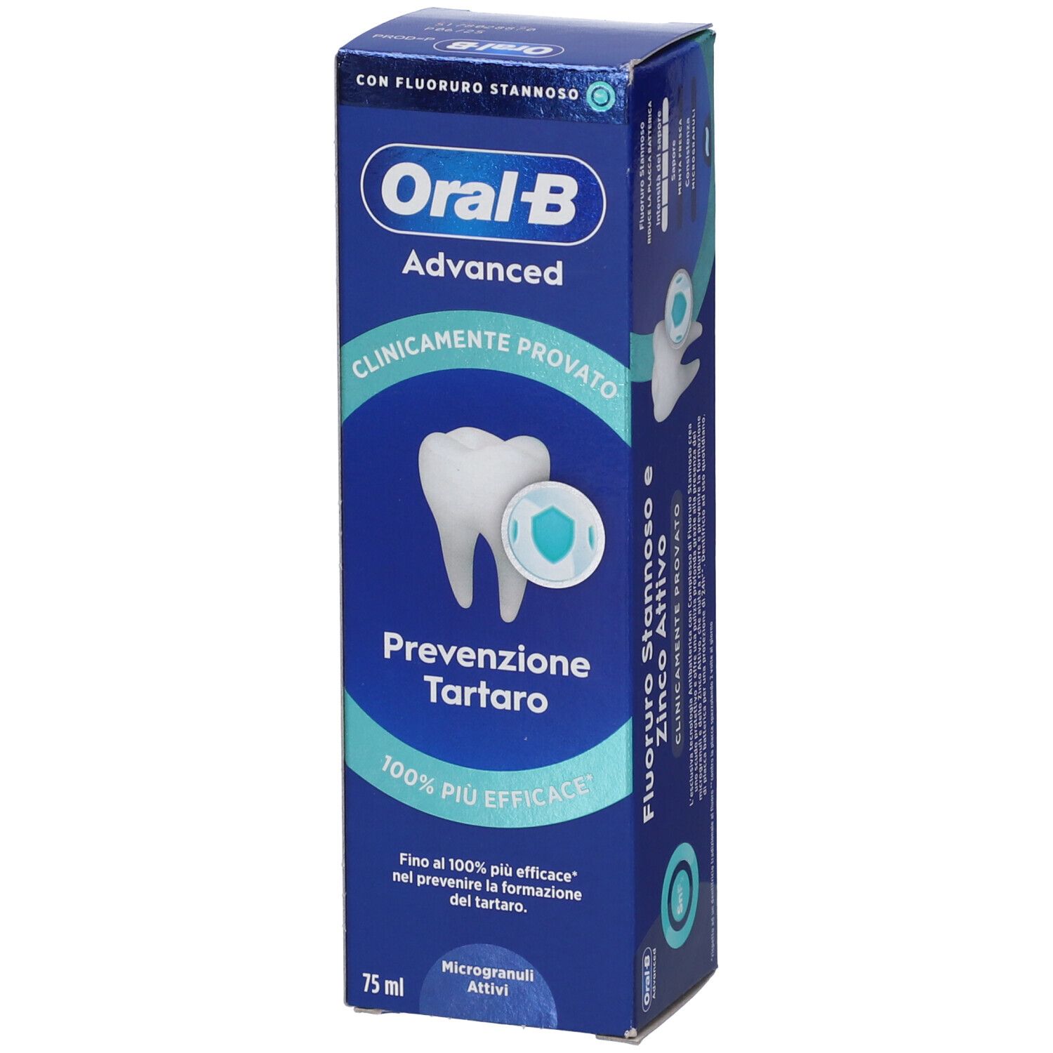 Scatola blu di dentifricio. Scritto: Oral-B Advanced, Prevenzione Tartaro, 75 ml. Simbolo dente.