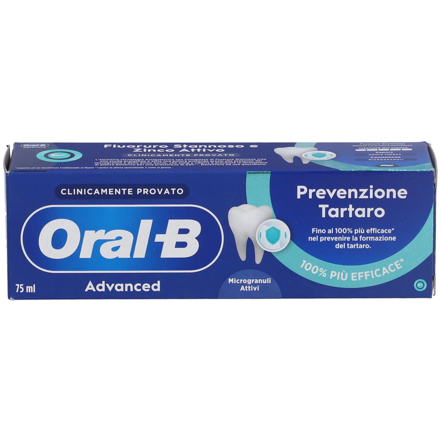 Scatola blu di dentifricio. Scritto: Oral-B Advanced, Prevenzione Tartaro, 75 ml. Simbolo dente.