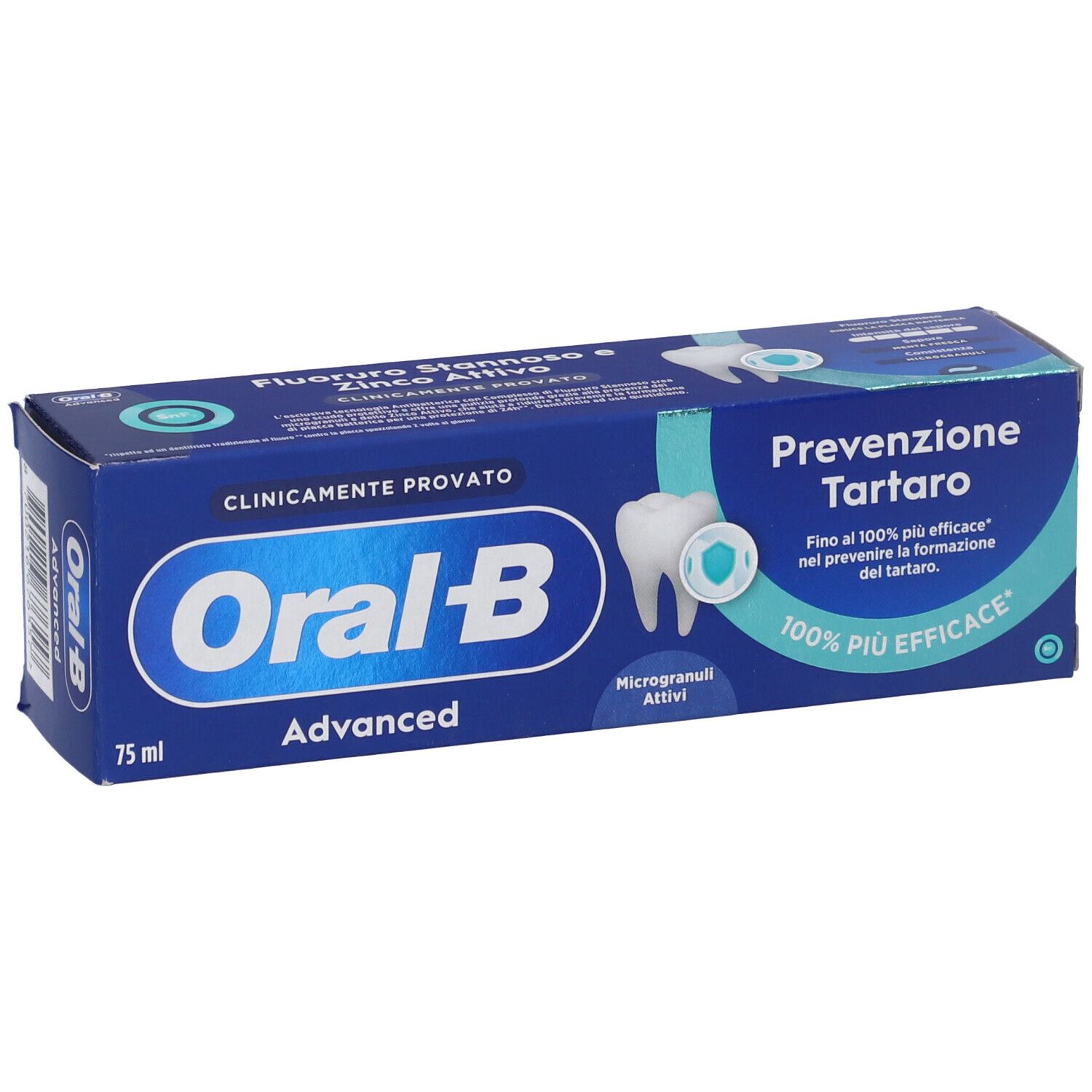 Scatola blu di dentifricio. Scritto: Oral-B Advanced, Prevenzione Tartaro, 75 ml. Simbolo dente.