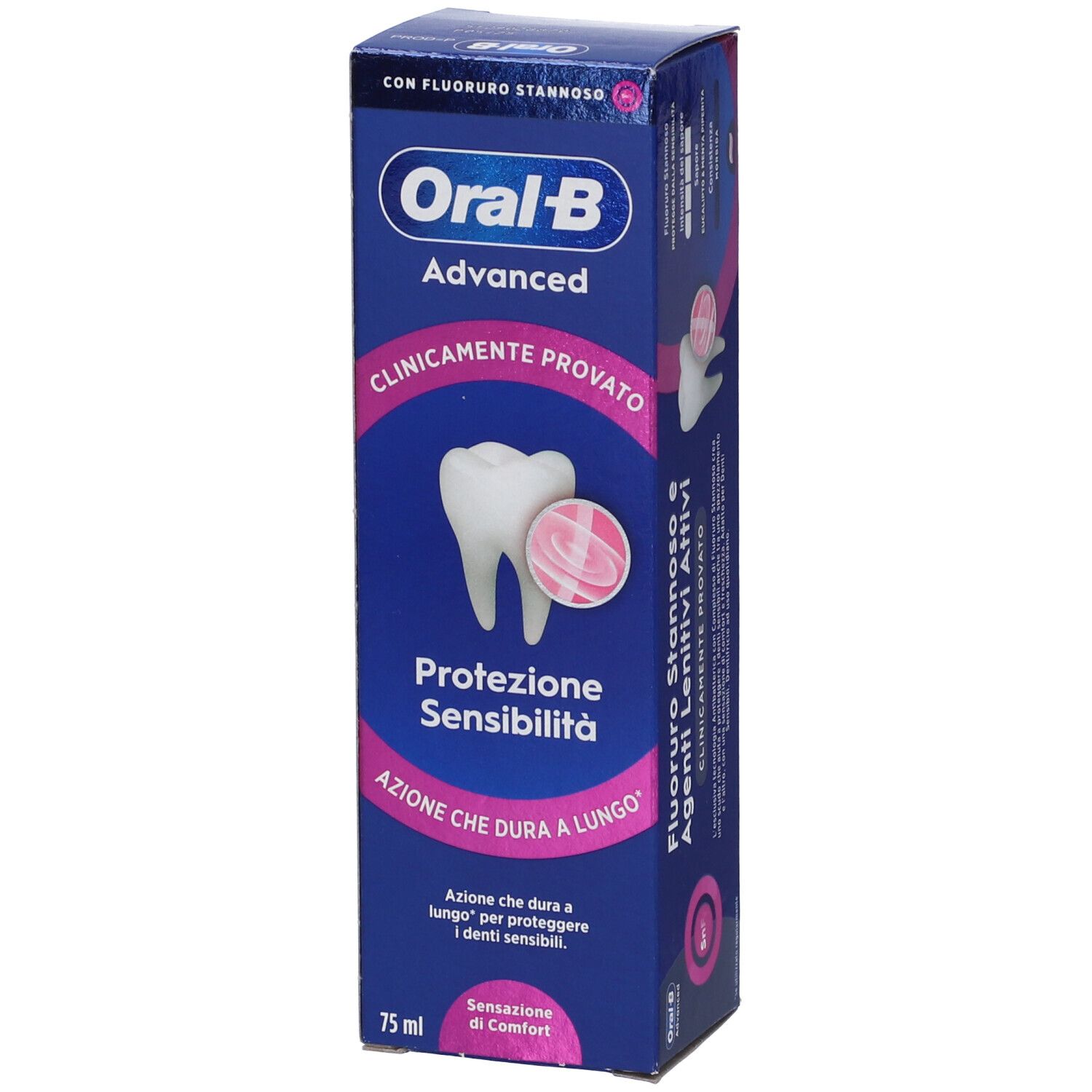 Scatola di dentifricio blu e rosa. Scritto: Oral-B Advanced, Protezione Sensibilita'. Contenuto: 75 ml.