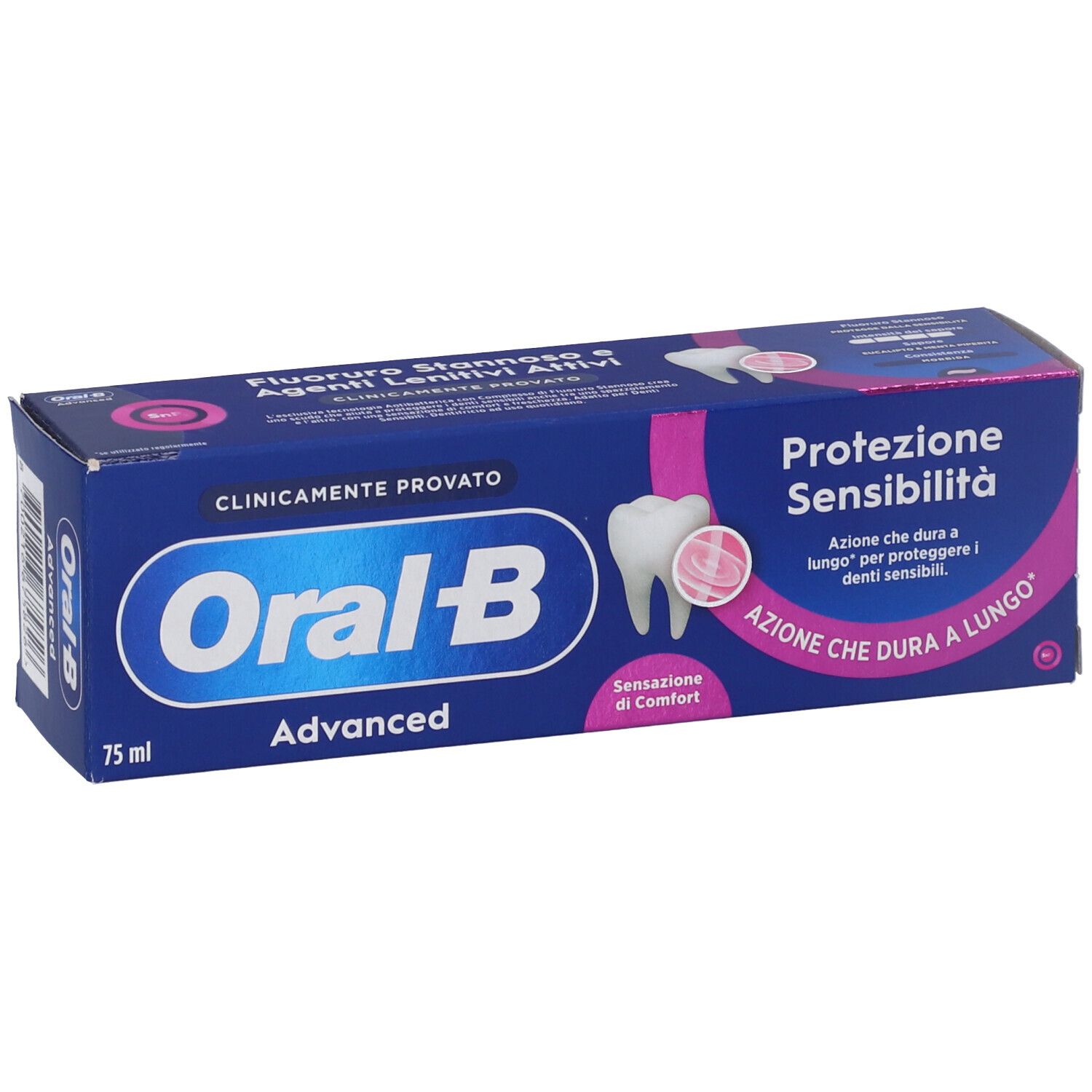 Scatola blu e rosa di dentifricio Oral-B Advanced. Scritto: Protezione Sensibilita'. Contenuto: 75 ml.
