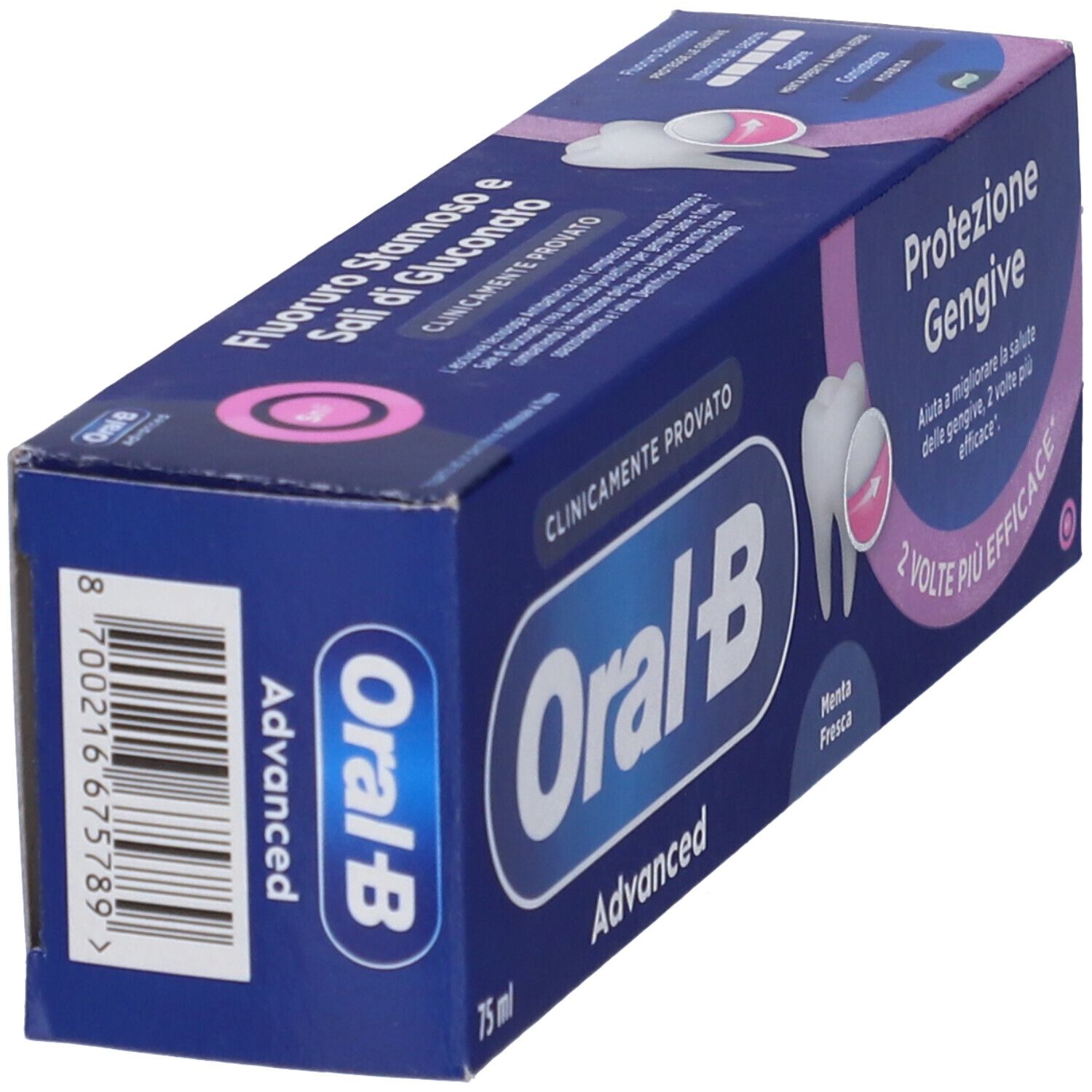 Confezione inclinata Oral-B Advanced Dentifricio Protezione Gengive. Confezione blu con accenti rosa e testo.