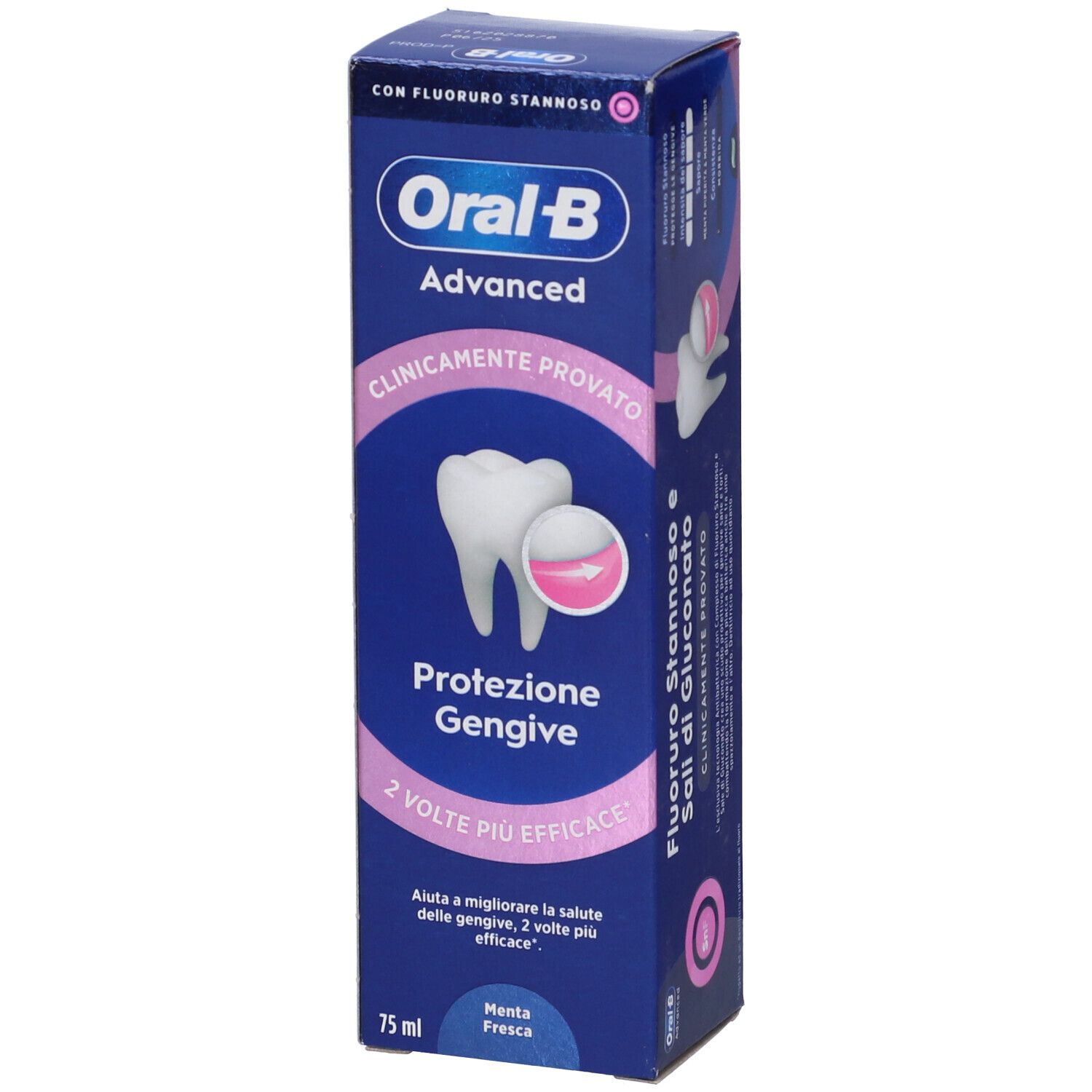 Confezione verticale Oral-B Advanced Dentifricio Protezione Gengive. Confezione blu con accenti rosa e testo.
