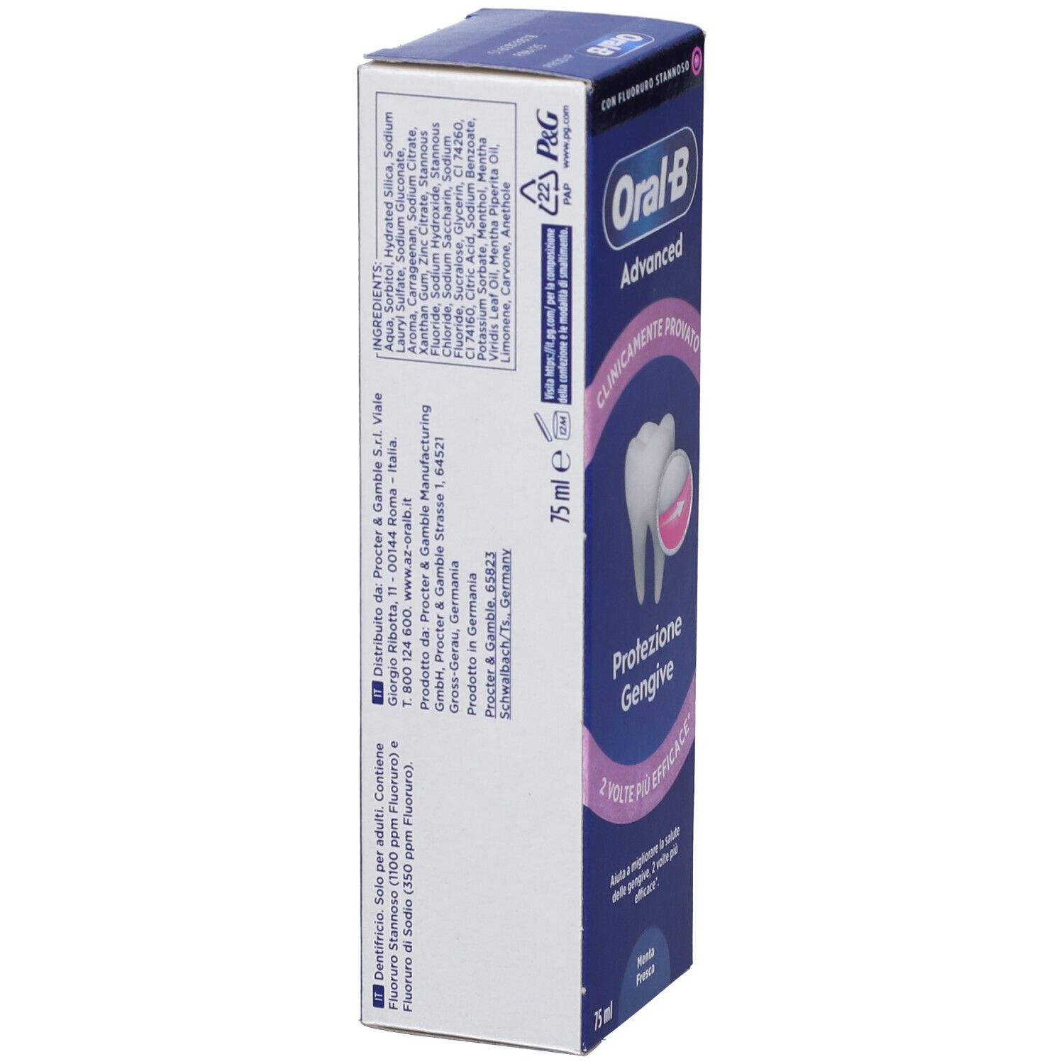 Retro della confezione Oral-B Advanced Dentifricio Protezione Gengive. Contiene ingredienti e informazioni del produttore.