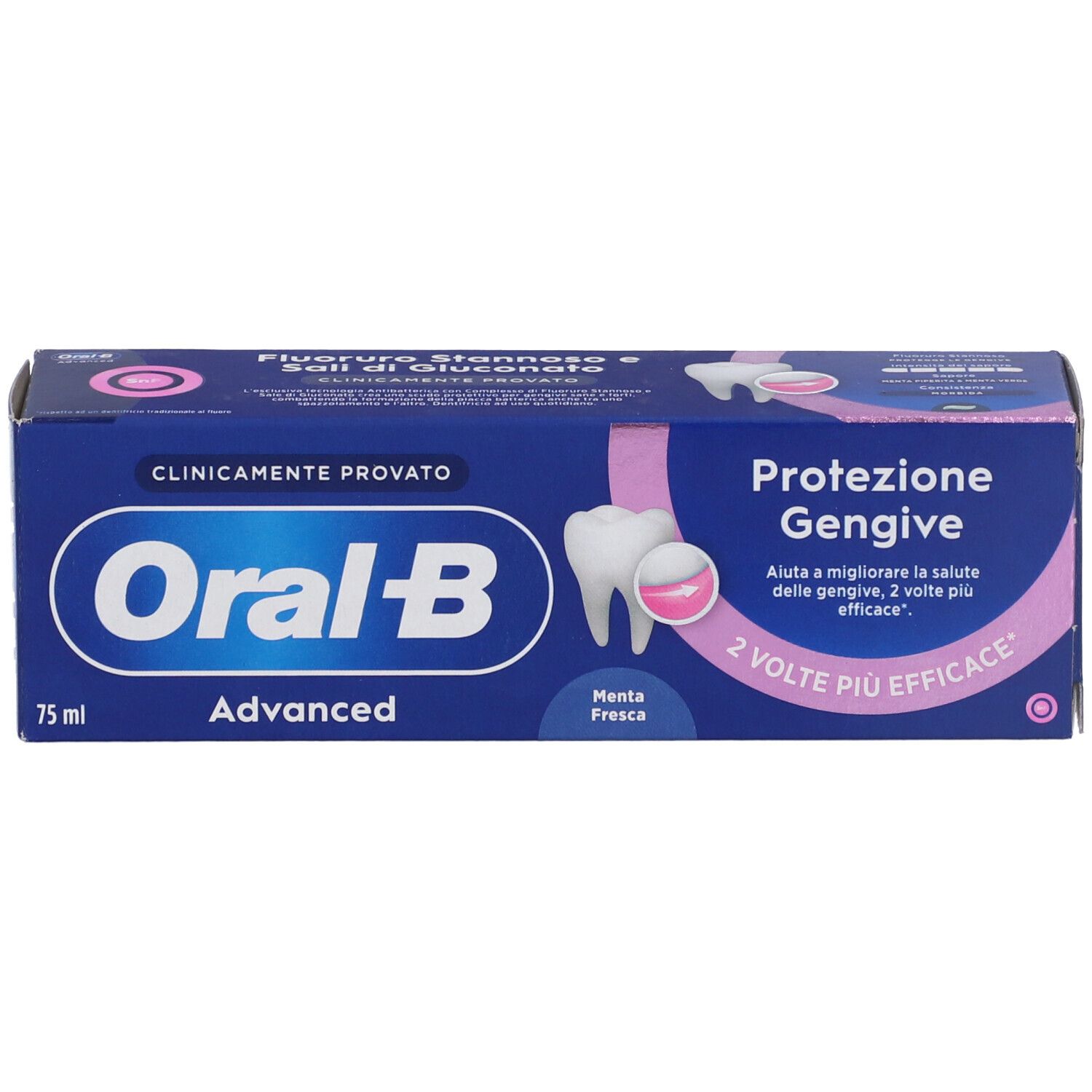 Confezione Oral-B Advanced Dentifricio Protezione Gengive. Confezione blu con accenti rosa e testo. 75 ml.