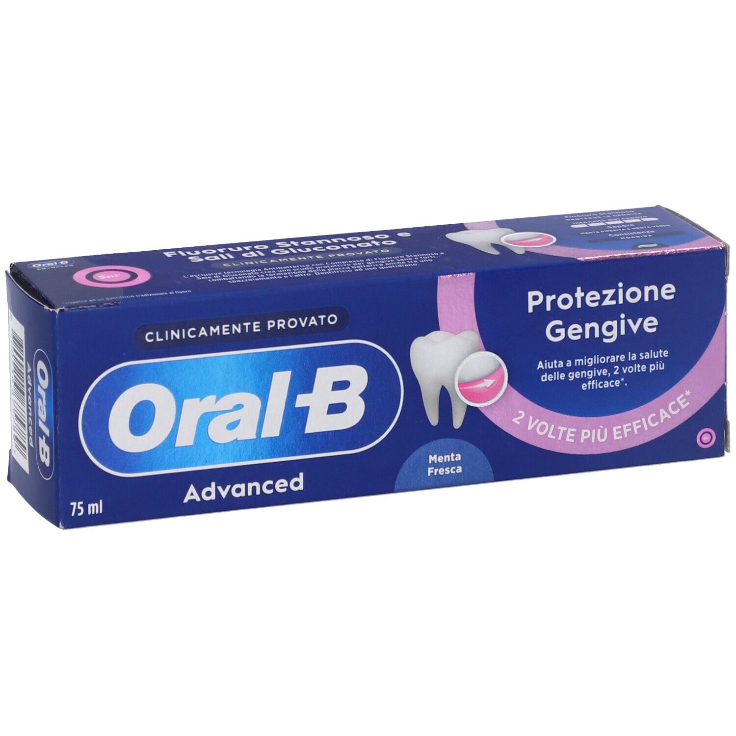 Confezione Oral-B Advanced Dentifricio Protezione Gengive. Confezione blu con accenti rosa e testo. 75 ml.