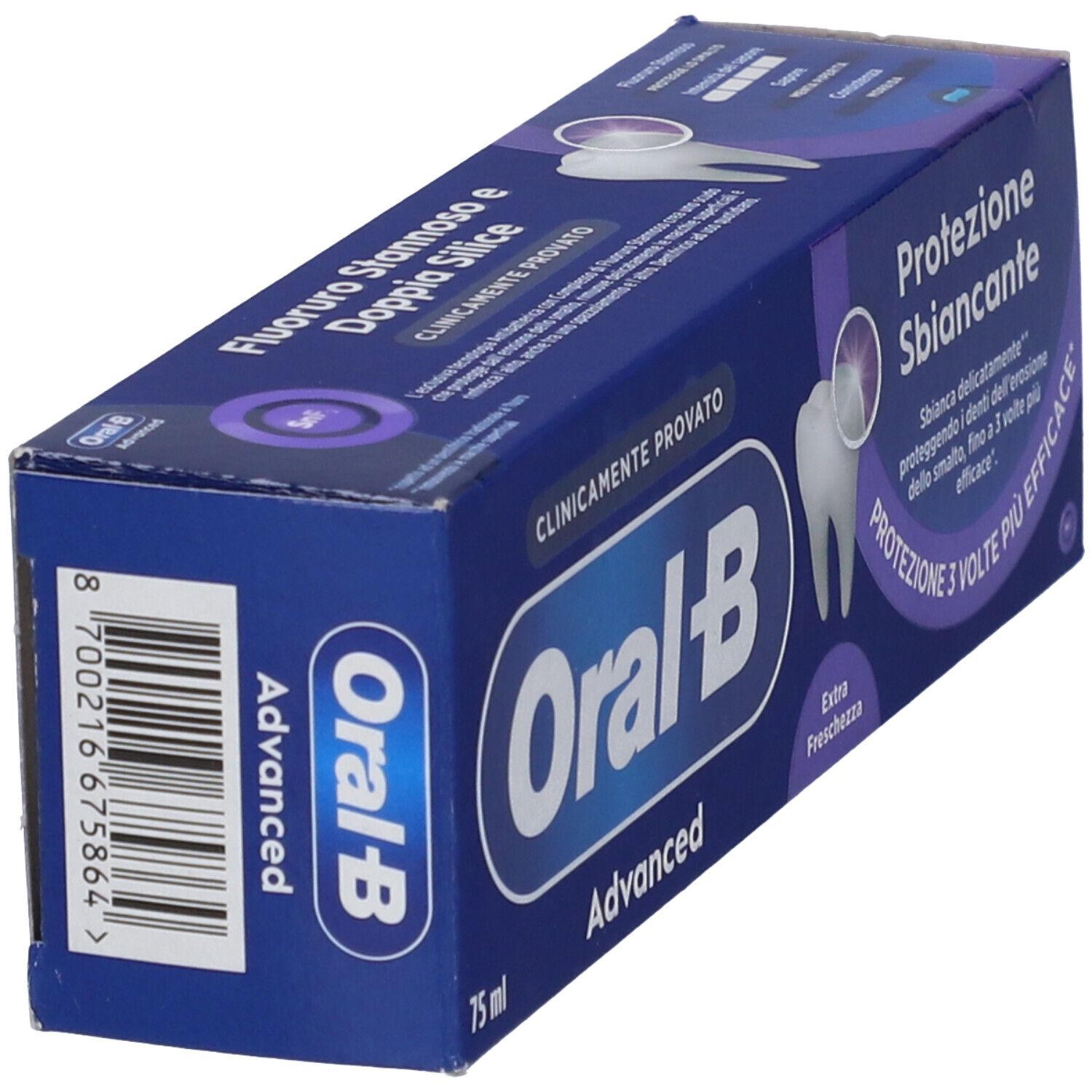 Confezione di dentifricio Oral-B, angolata. Scatola blu con logo e nome del prodotto. Codice a barre e testo.