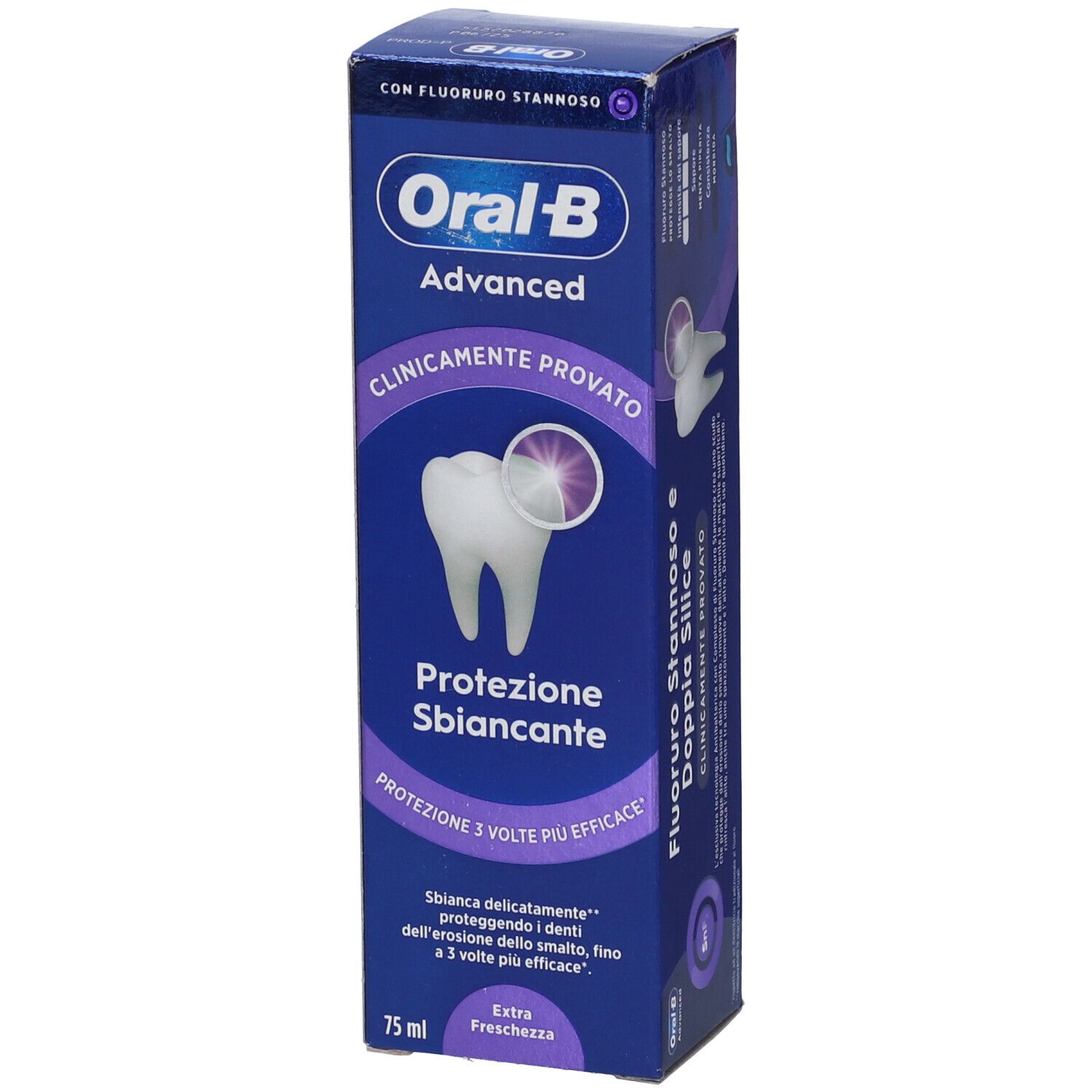 Confezione di dentifricio Oral-B. Scatola blu con logo e nome del prodotto. Contiene informazioni su sbiancamento e protezione.