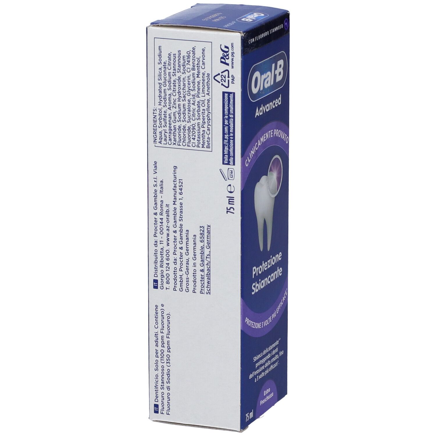 Confezione di dentifricio Oral-B, retro. Scatola blu con ingredienti e informazioni del produttore. Logo Oral-B.
