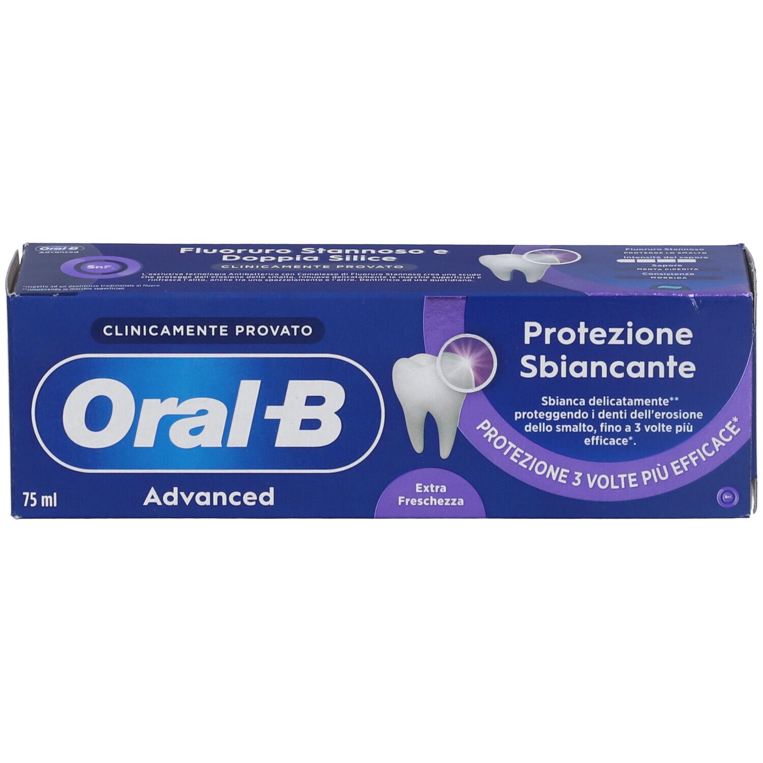 Confezione di dentifricio Oral-B. Scatola blu con logo e nome del prodotto. Contiene informazioni su sbiancamento e protezione.