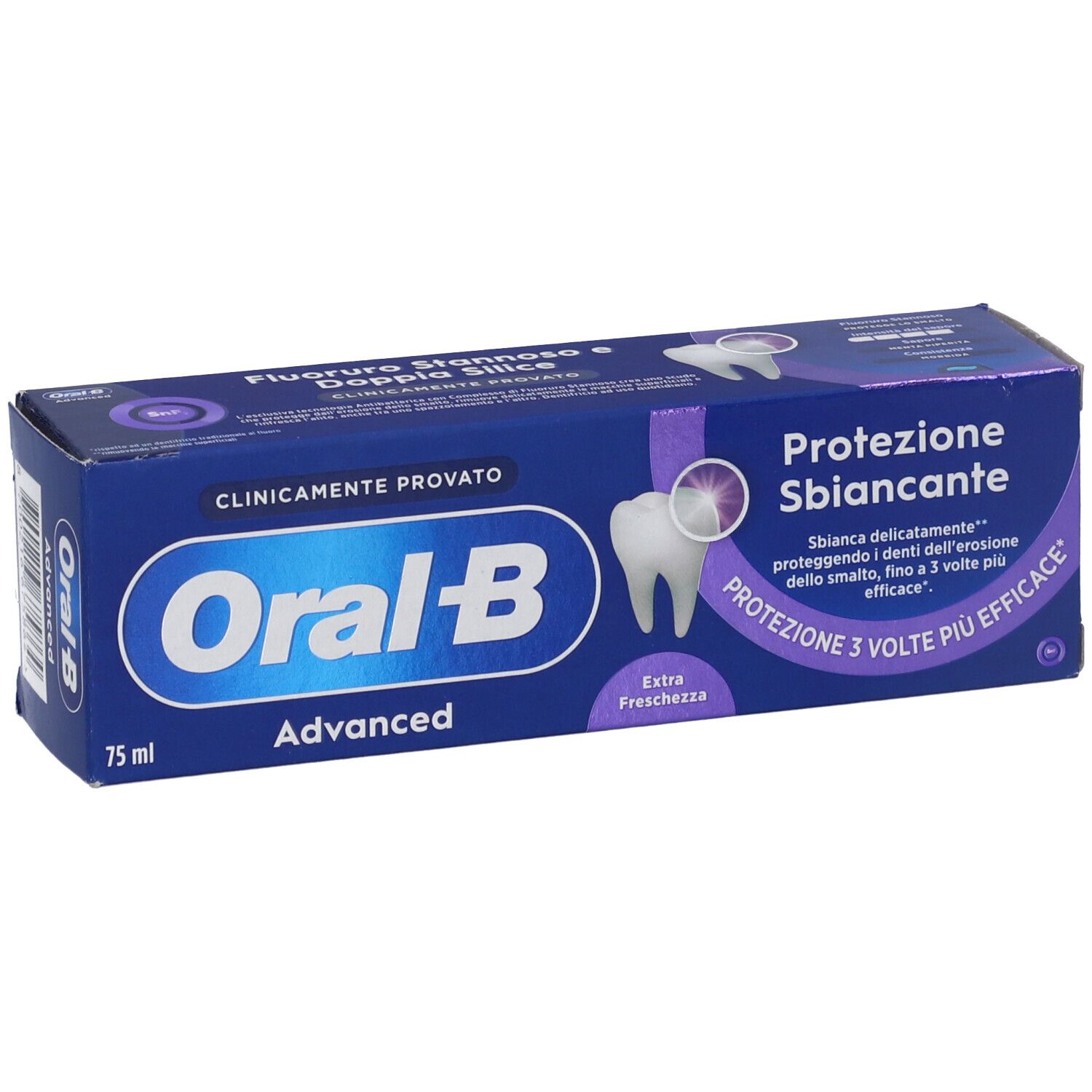 Confezione di dentifricio Oral-B. Scatola blu con logo e nome del prodotto. Contiene informazioni su sbiancamento e protezione.