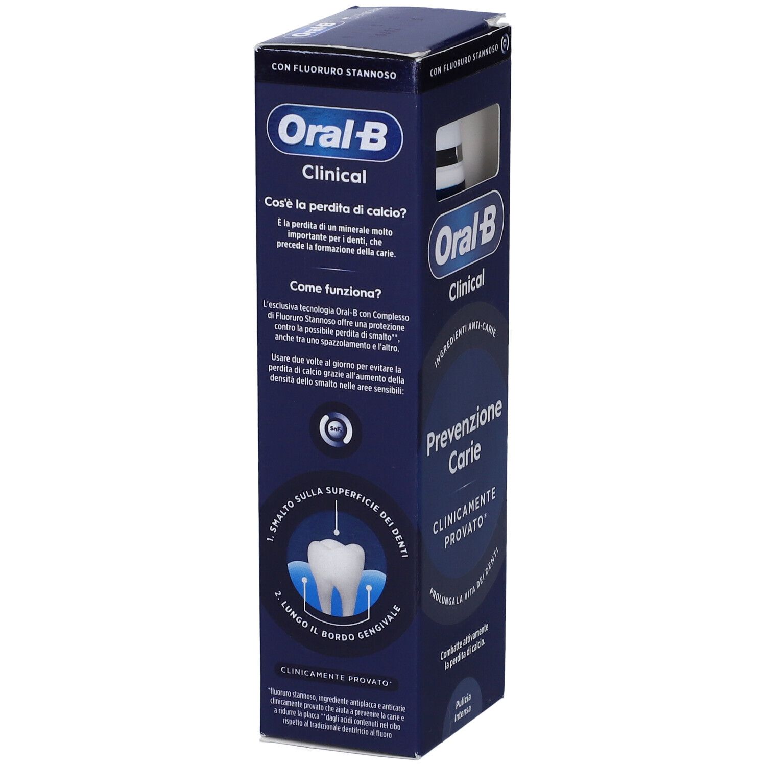 Confezione dentifricio Oral-B Clinical Prevenzione Carie. Scatola blu con informazioni sul prodotto. Testo: Clinicamente provato.